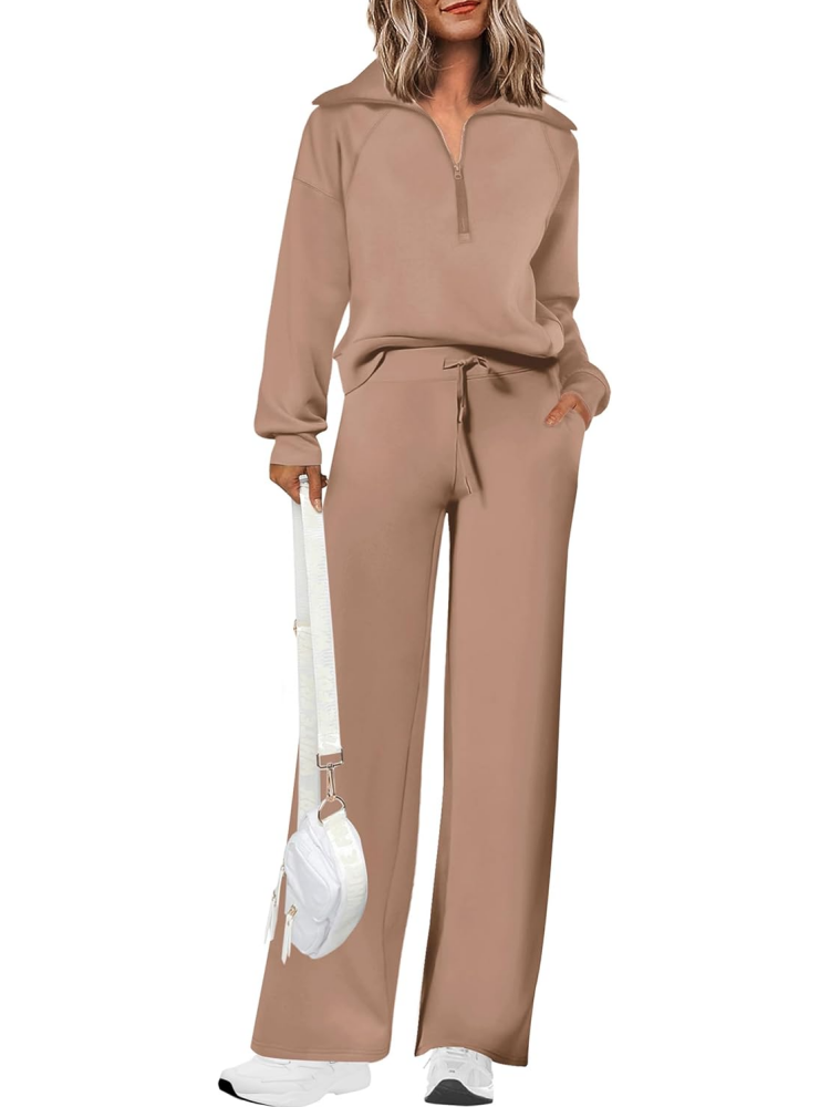 Women's Lapel Half Zip Sweatshirts And Wide Leg Pants Tracksuit Sets (Buy 2 Free Shipping)