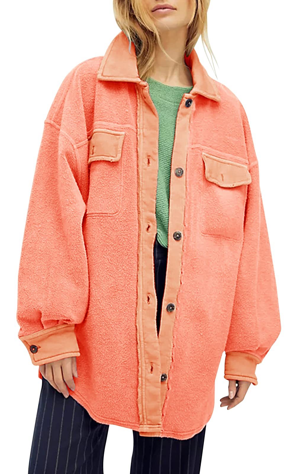 HOT SALE Women's Oversized Fleece Long Sleeve Button Down Shirt Jacket