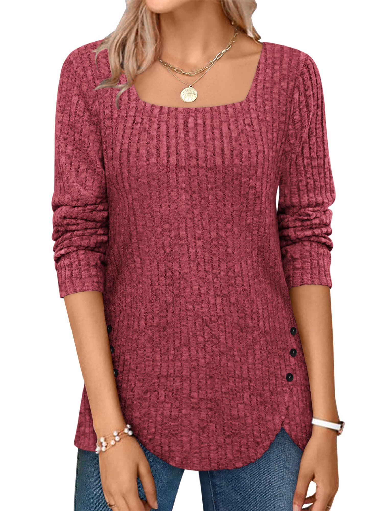 ⏰Hot Sale-2024 Squared Neck Sweater Ribbed Knit Tunic Tee Shirts