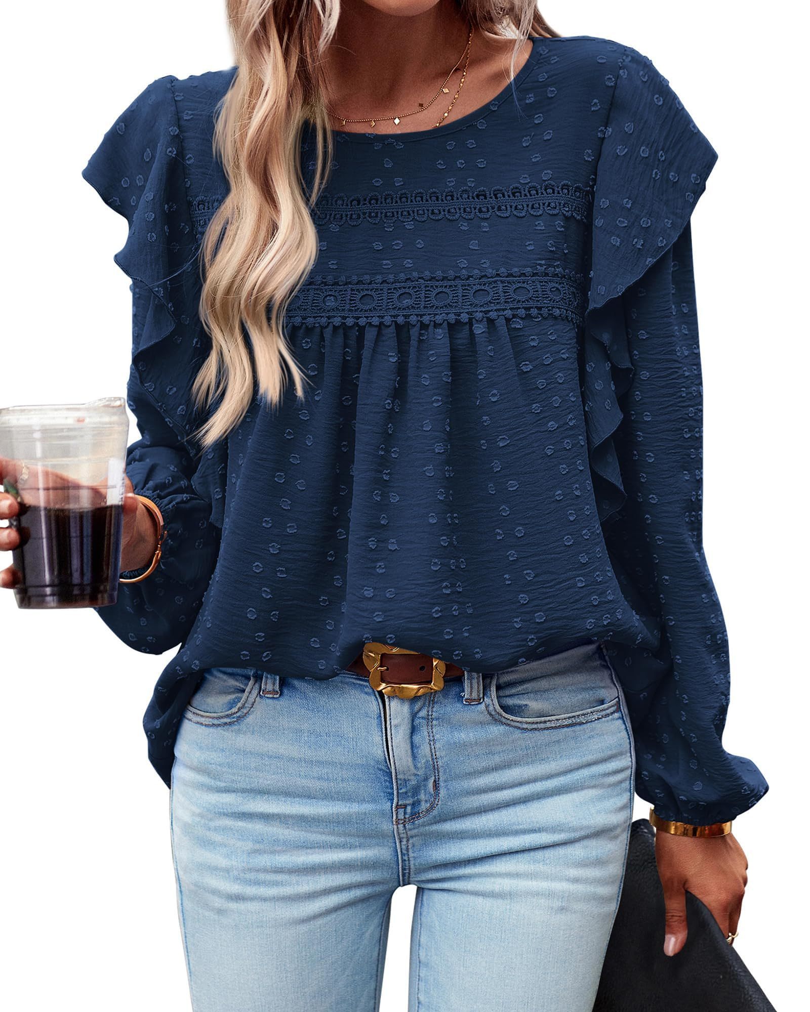 HOT SALE Women's Long Sleeve Ruffle Swiss Dot Crochet Tops