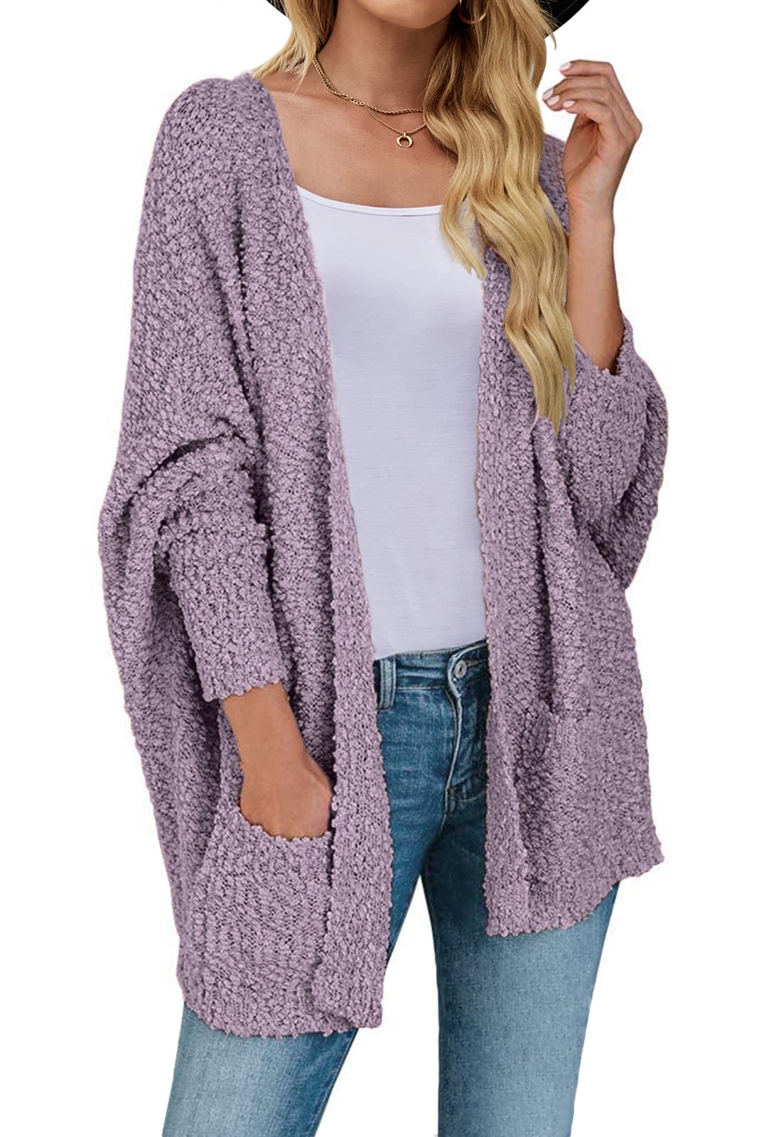 Women's 2024 Fall Winter Popcorn Long Sleeve Open Front Chunky Knit Oversized Cardigan Sweater Coat