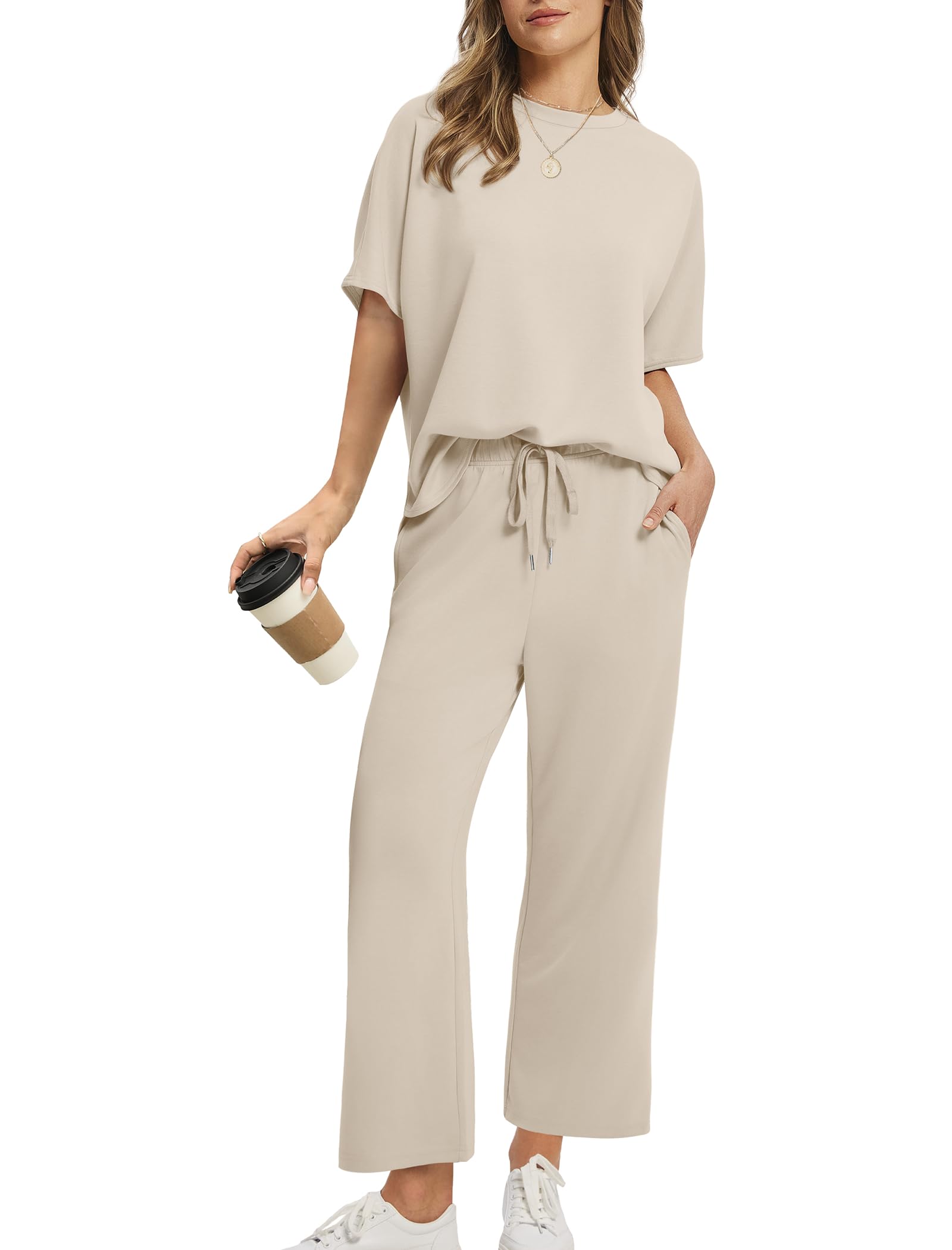 Women Oversized Tshirt and Wide Leg Crop Pants 2 Piece Sets