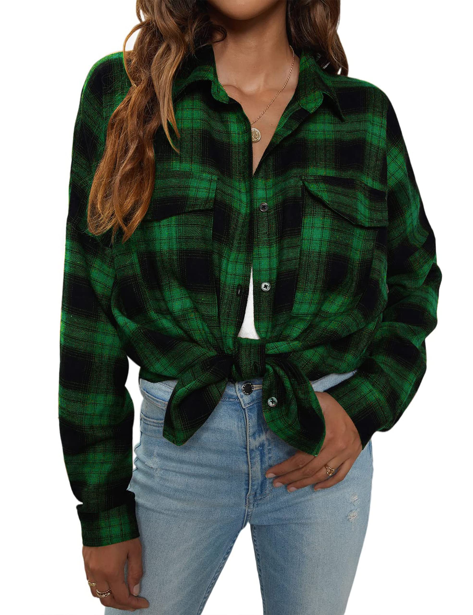 Women's Button Down Flannel Shirts Plaid Shacket