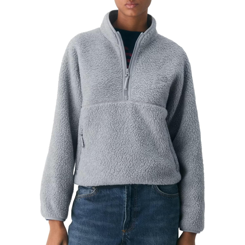 Womens Cropped Half Zip Fuzzy Warm Sherpa Fleece Pullover with Zipper Pockets
