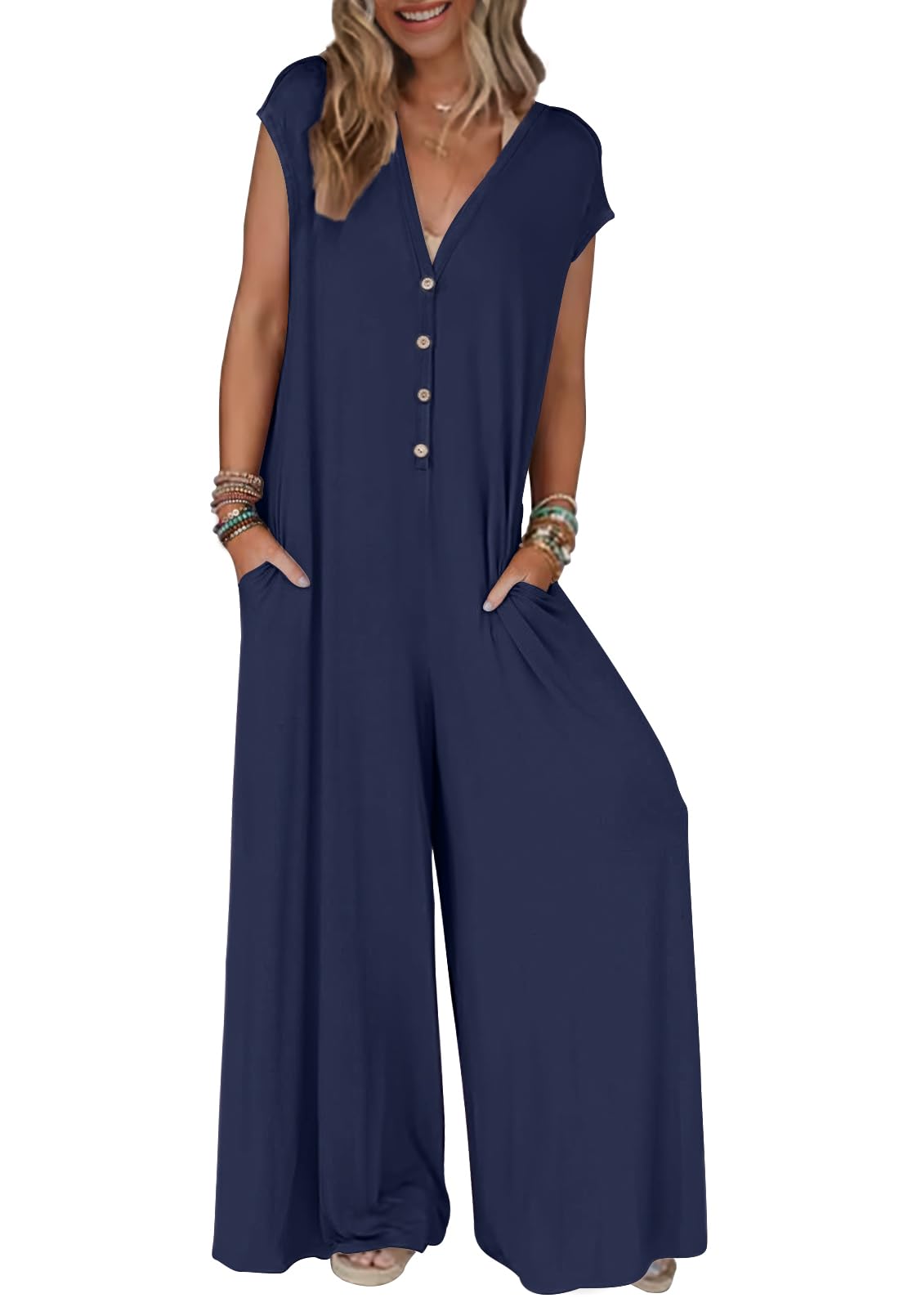 Women's 2025 Summer Cap Sleeve Jumpsuits Deep V Neck Button Onesie Wide Leg Pants Rompers(buy 2 free shipping)