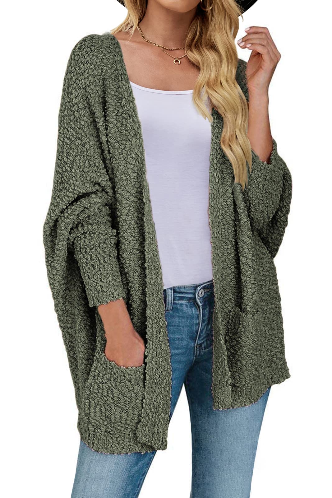 Women's 2024 Fall Winter Popcorn Long Sleeve Open Front Chunky Knit Oversized Cardigan Sweater Coat