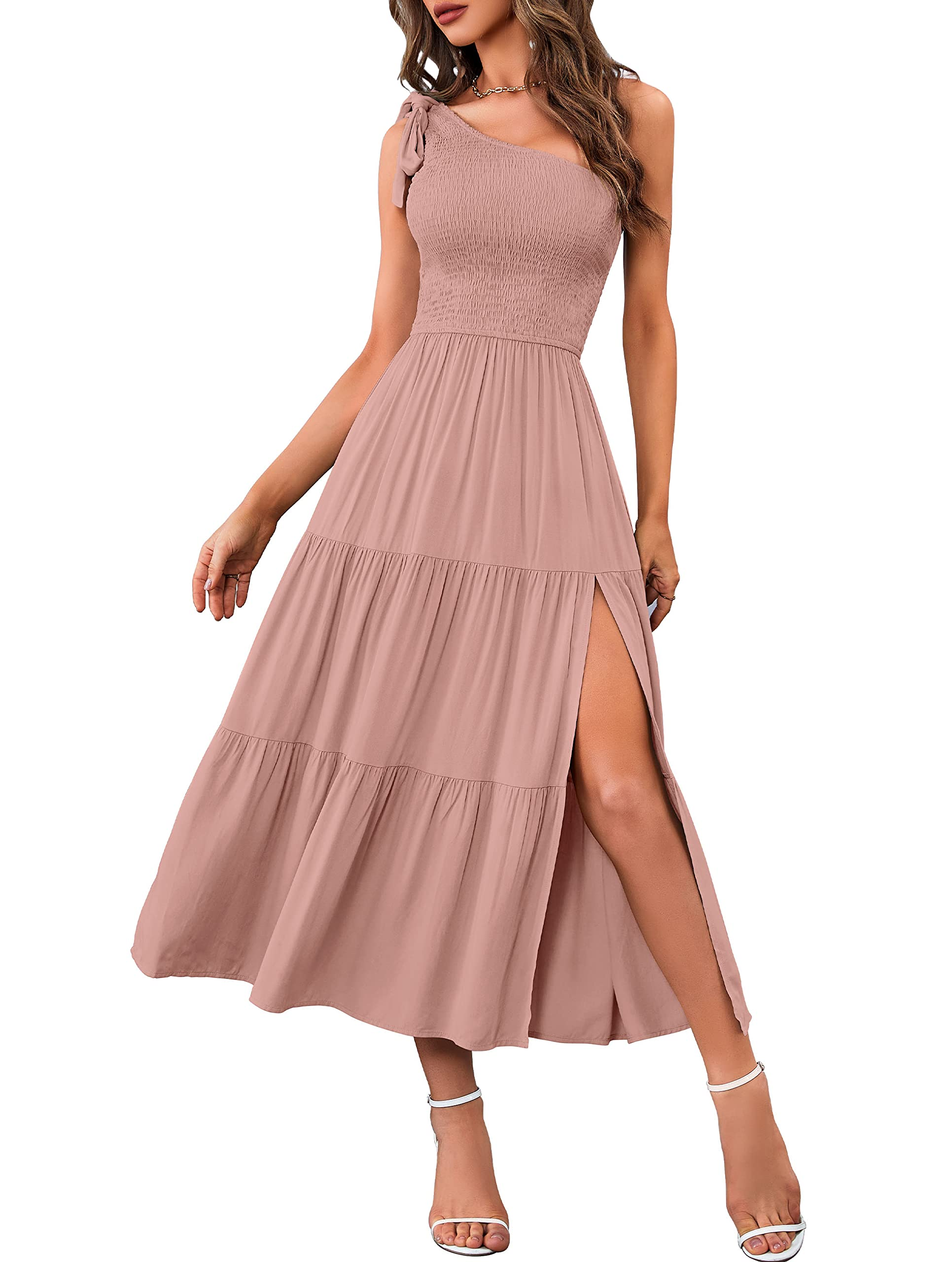 Women's Summer One Shoulder Sleeveless Knot Smocked Midi Dress