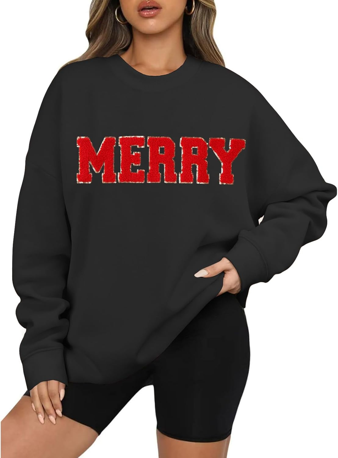 Merry Christmas Glitter Patch Oversized Sweatshirt (BUY 2 FREE SHIPPING)