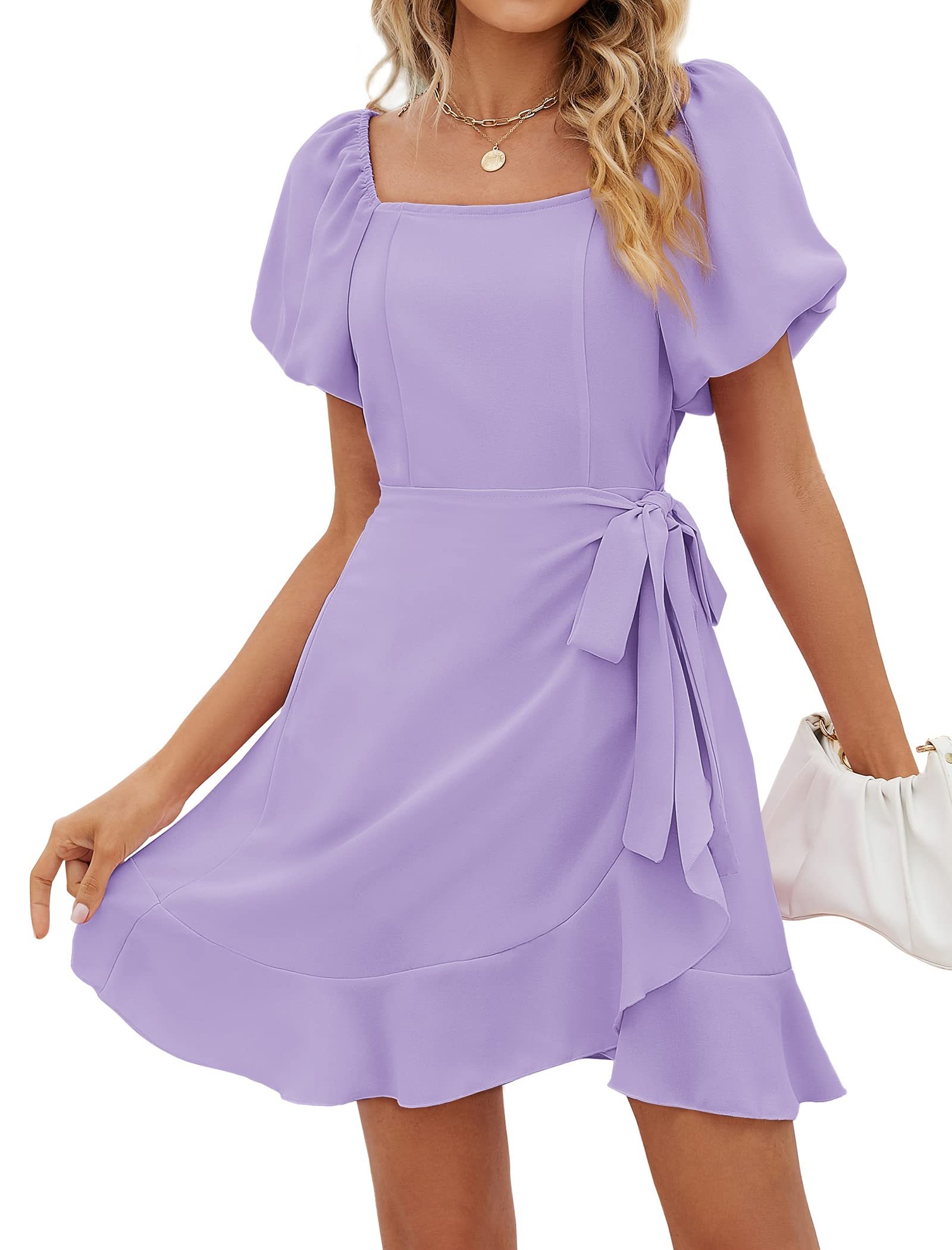 HOT SALE Women's Square Neck Puff Sleeve Tie Waist Short Dress