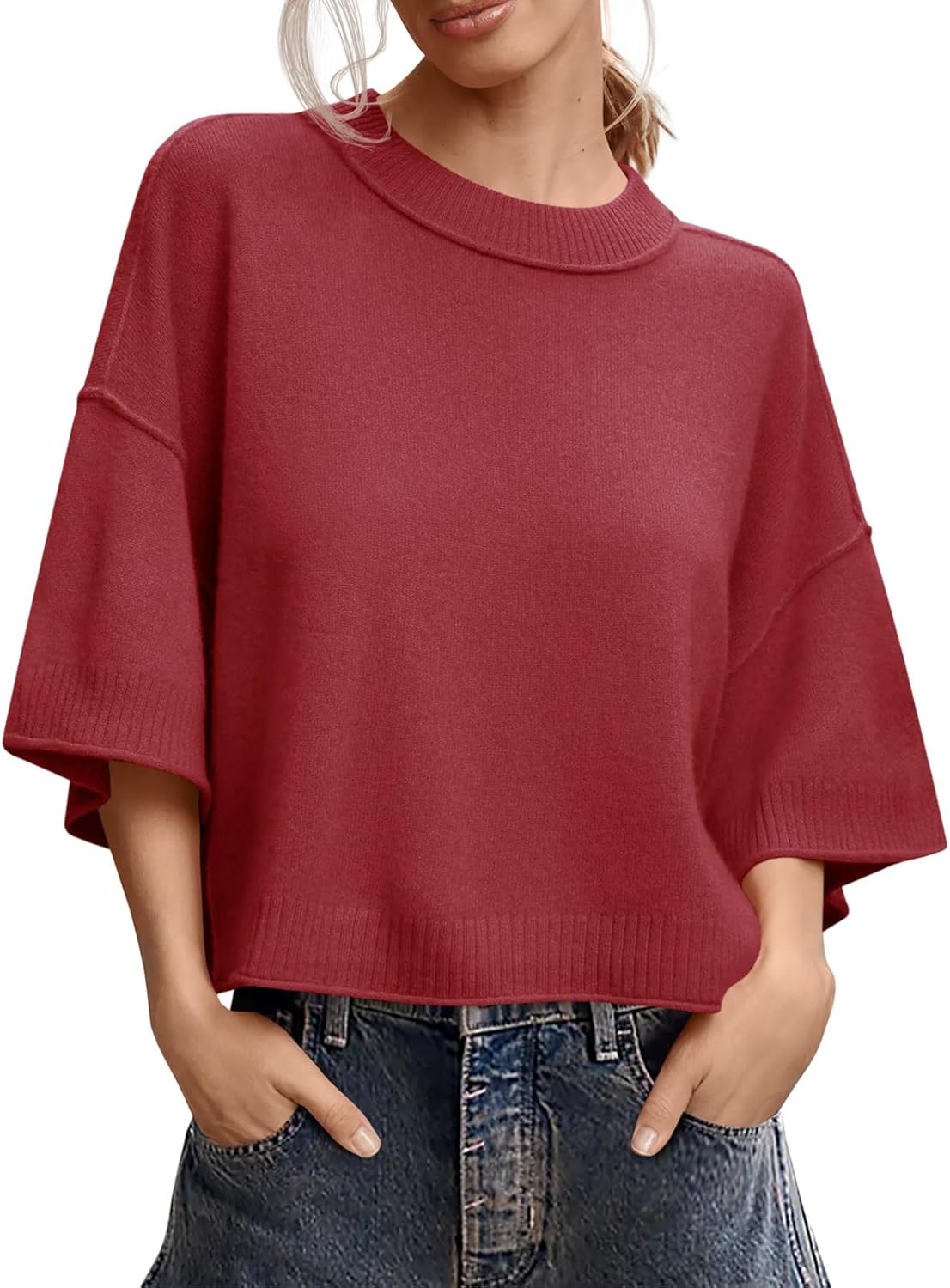 Womens Short Sleeve Oversized Crop Sweater Tops