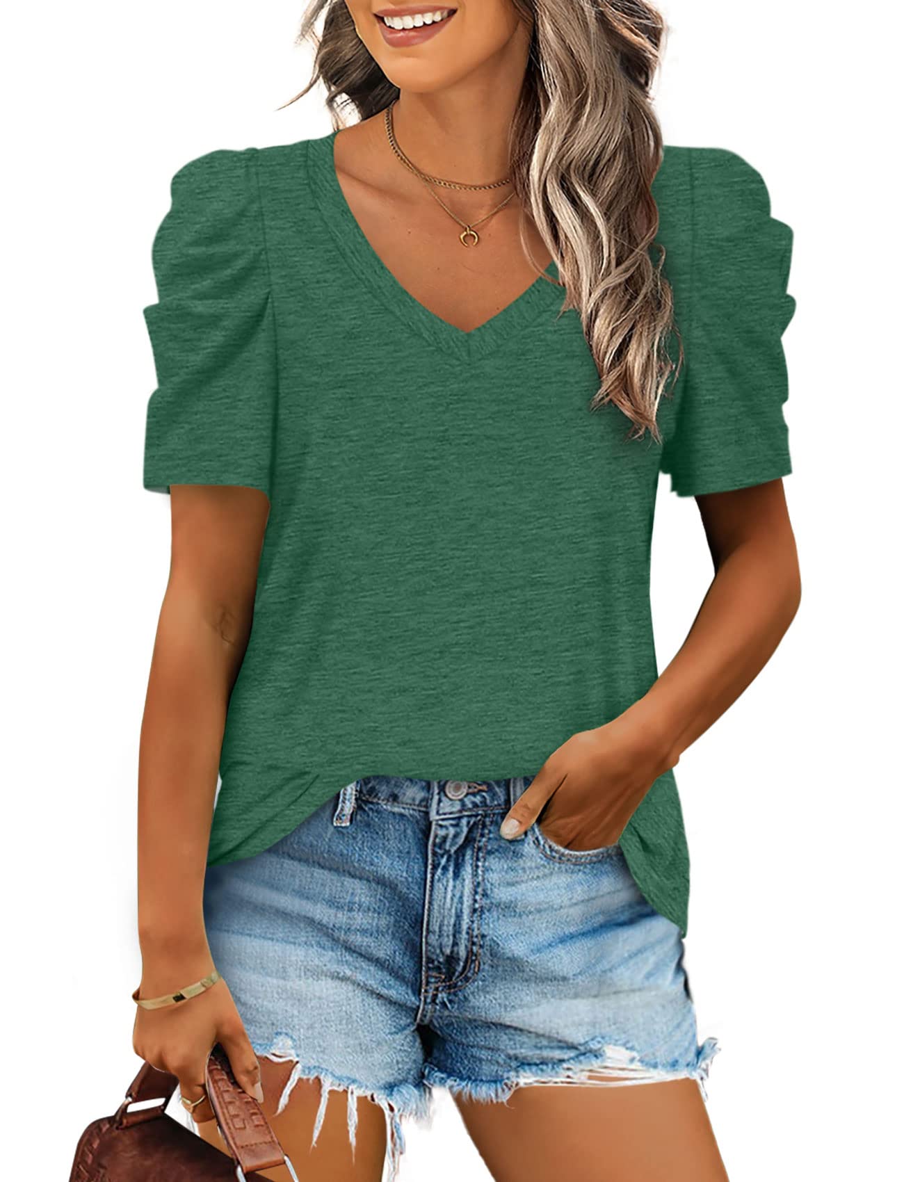 2025 Women's Summer V Neck Puff Sleeve Tshirts(BUY 2 10% off)