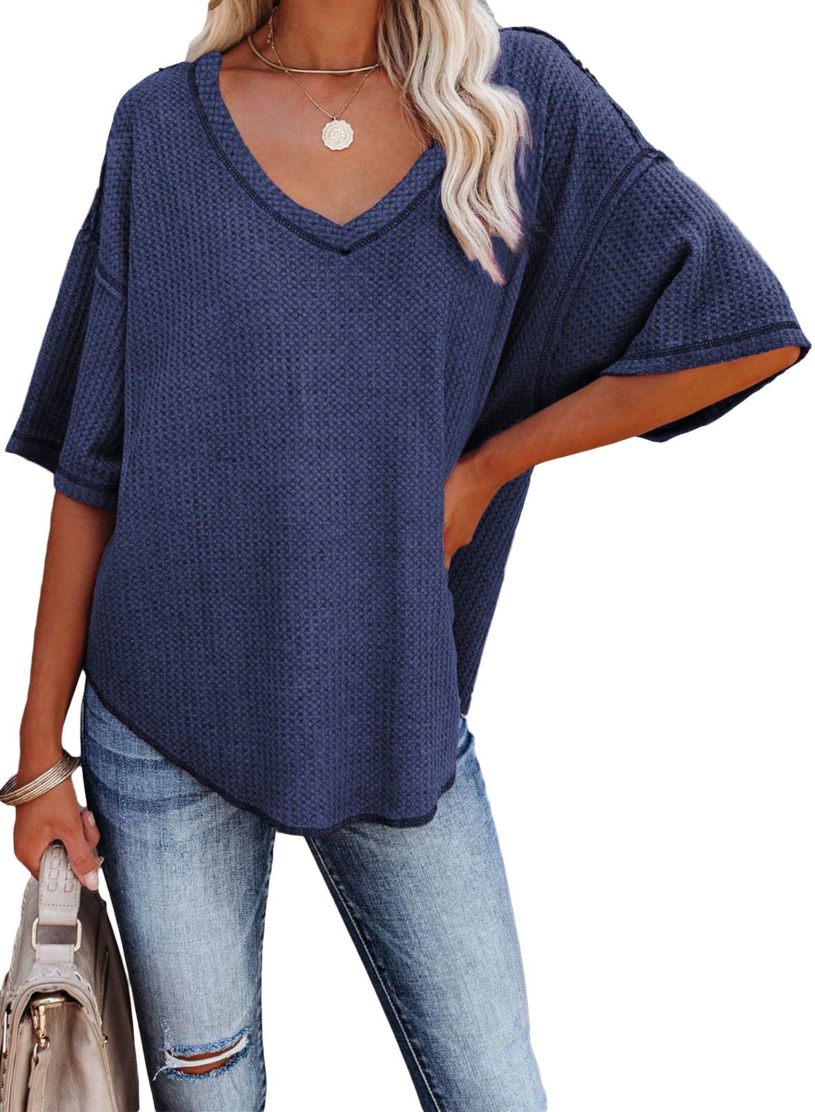 2025 New Women's Causual V Neck Short Sleeve Shirts Waffle Knit Loose Tunic Tops(buy 3 free shipping)