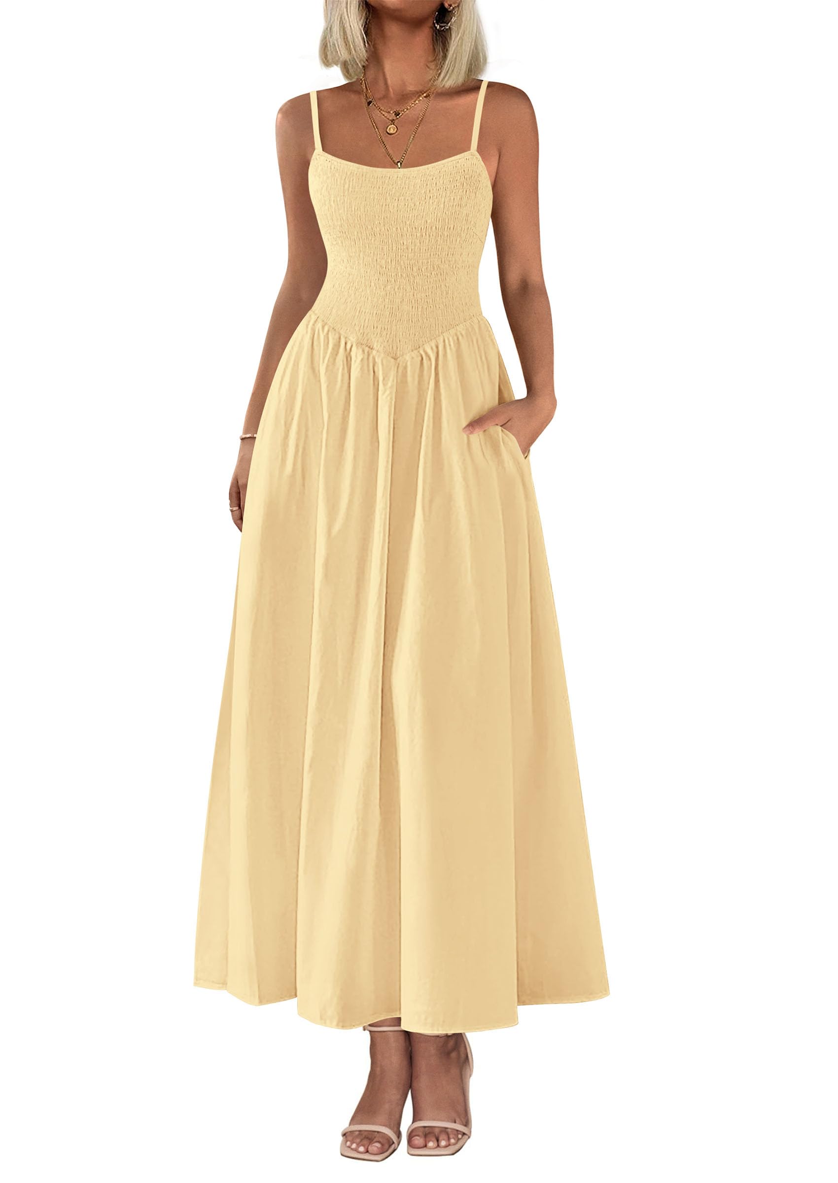 2025 Summer Women's Smocked Maxi Dresses Casual Spaghetti Strap Swing A Line Long Flowy Dress