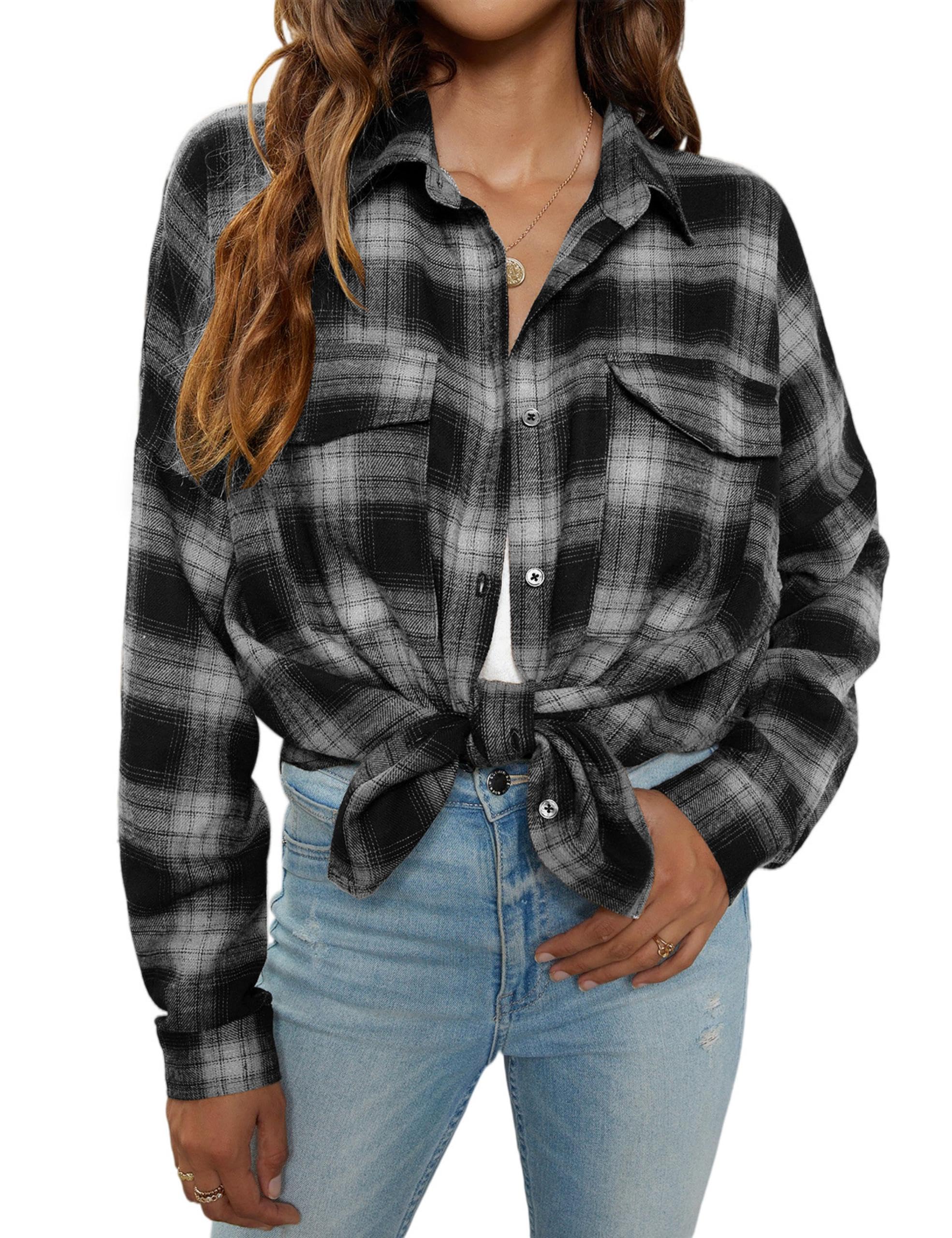 Women's Button Down Flannel Shirts Plaid Shacket