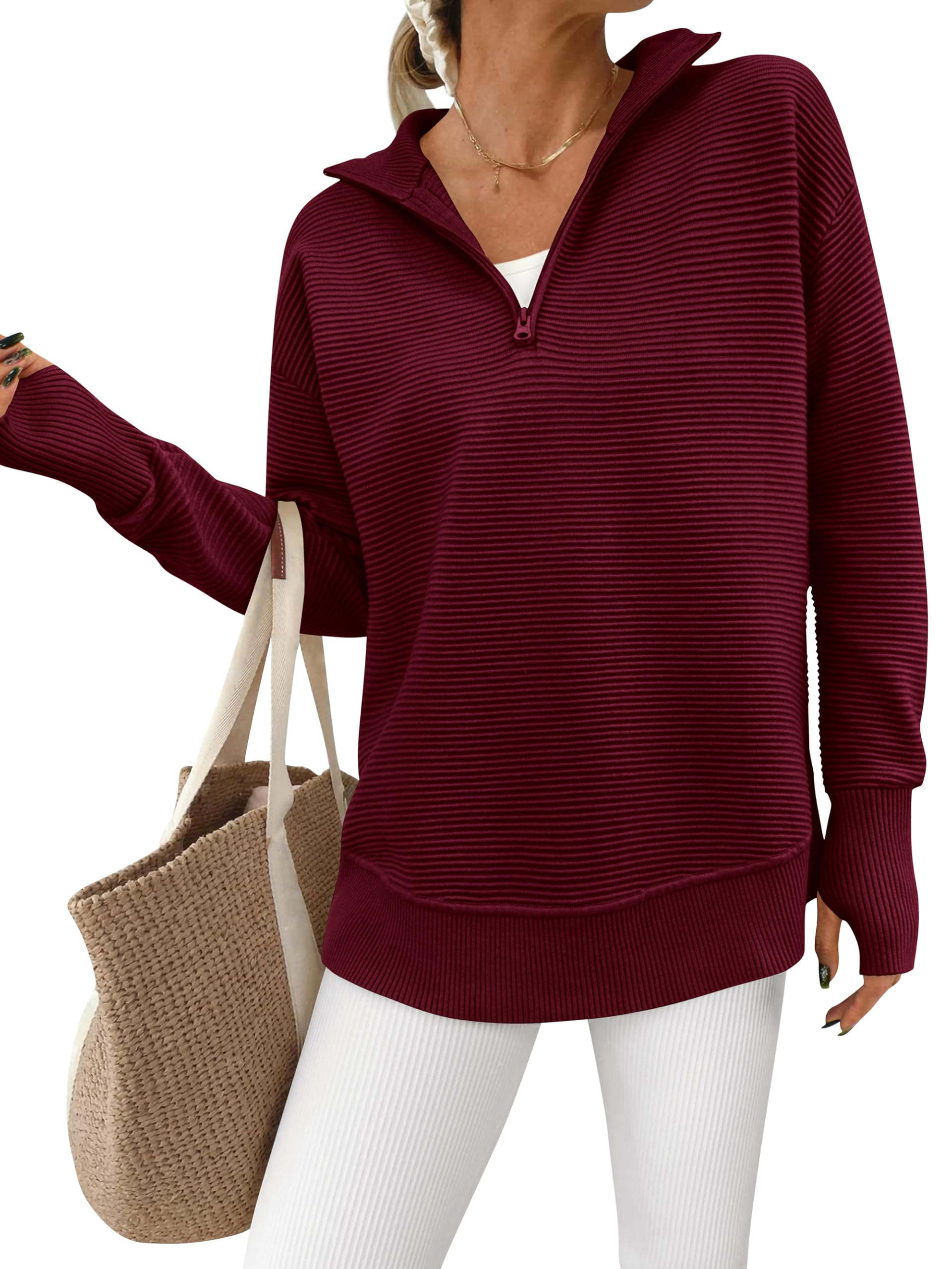 Women's Long Sleeve Quarter Zip Pullover Ribbed Knit Sweater