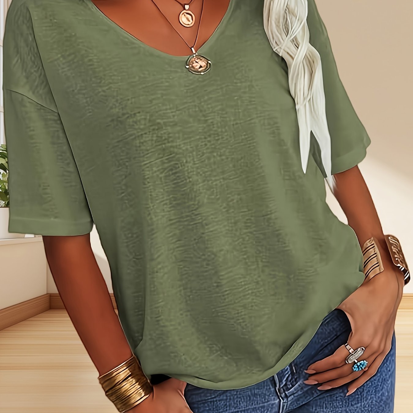 Women's Fashion V-Neck Half Sleeves Oversized T Shirt Solid Casual Loose Basic Tops(buy 3 free shipping)