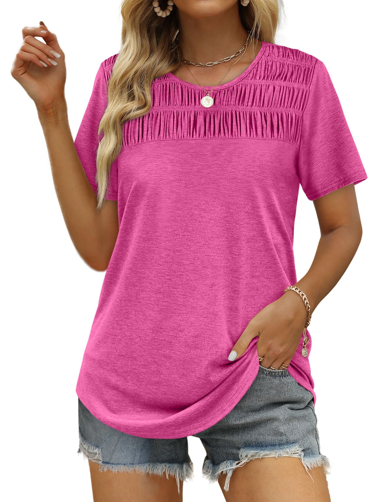 Women's Summer Tops 2025 Trendy Short Sleeve Shirts Smocked Crewneck Tee
