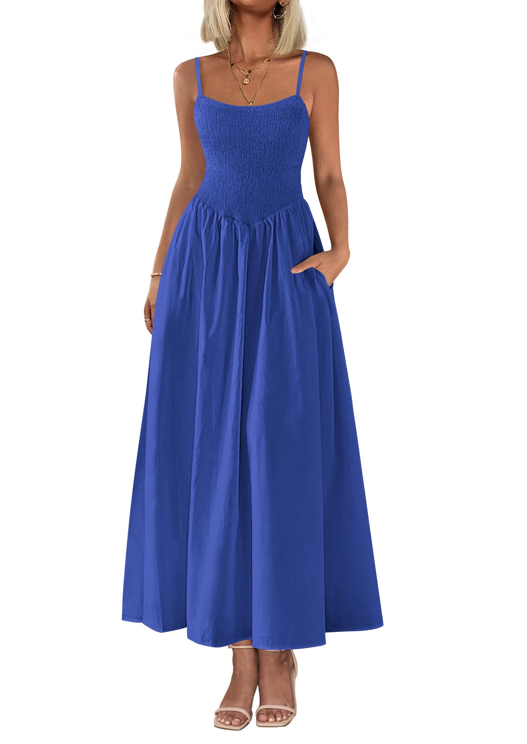 2025 Summer Women's Smocked Maxi Dresses Casual Spaghetti Strap Swing A Line Long Flowy Dress