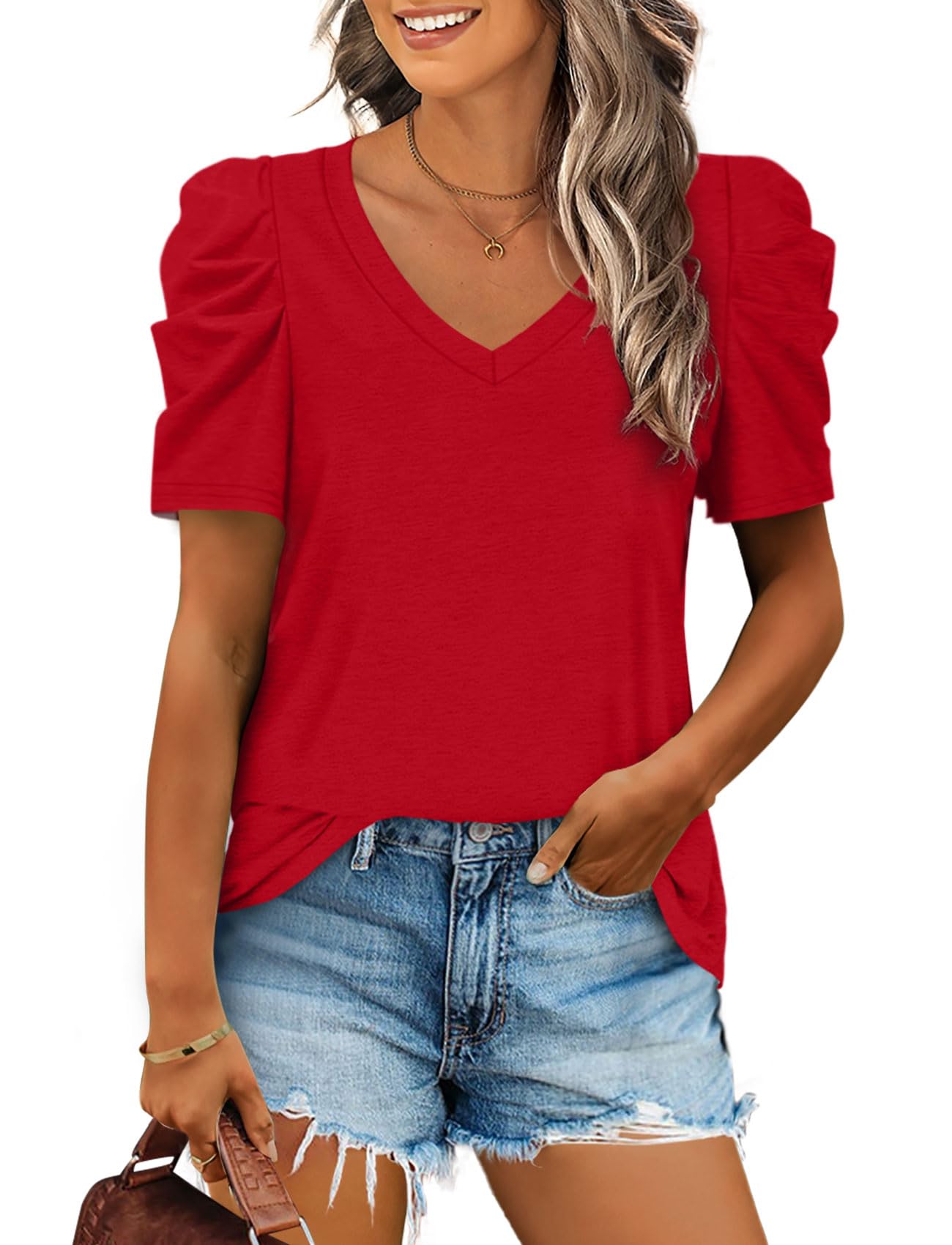2025 Women's Summer V Neck Puff Sleeve Tshirts(BUY 2 10% off)