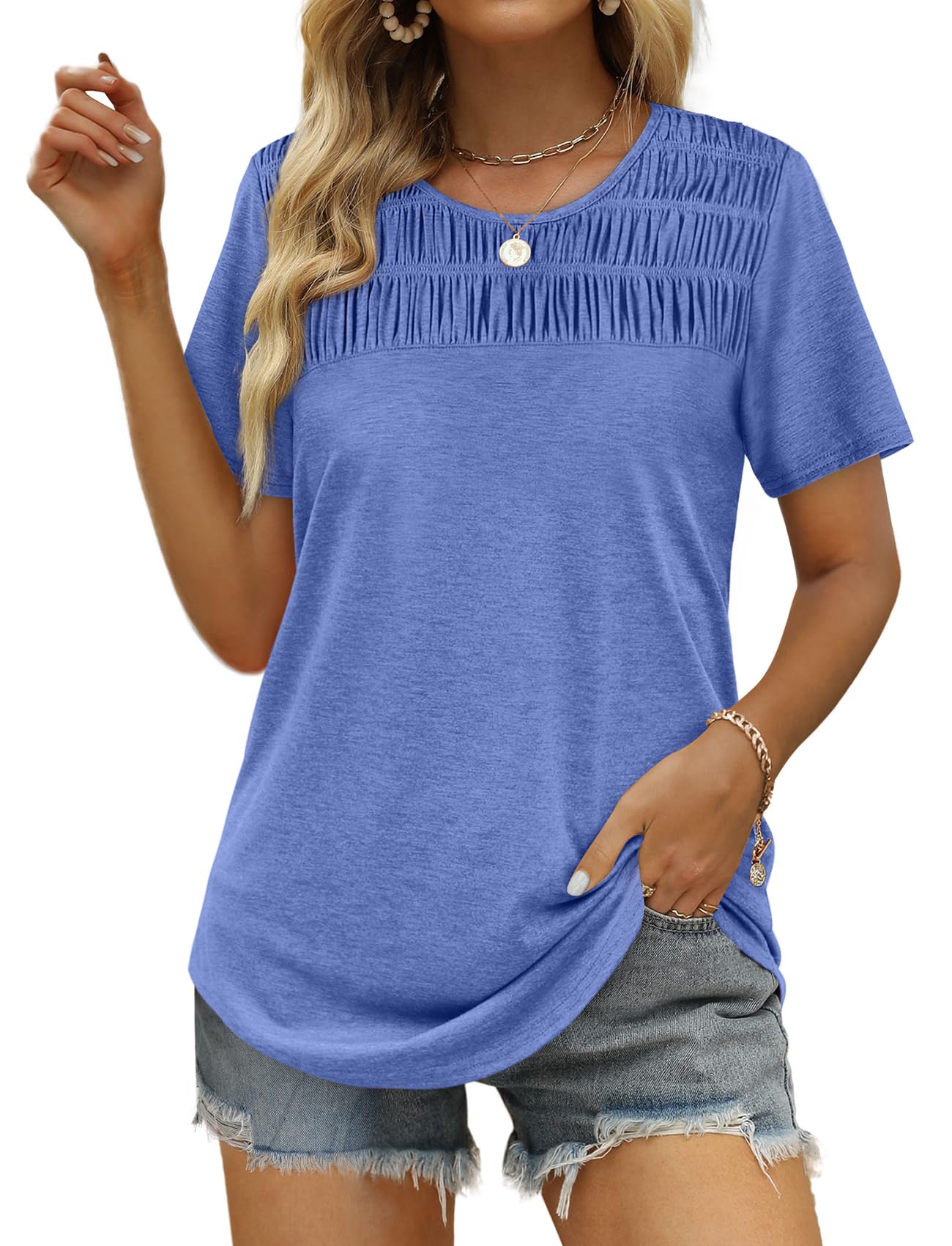 Women's Summer Tops 2025 Trendy Short Sleeve Shirts Smocked Crewneck Tee