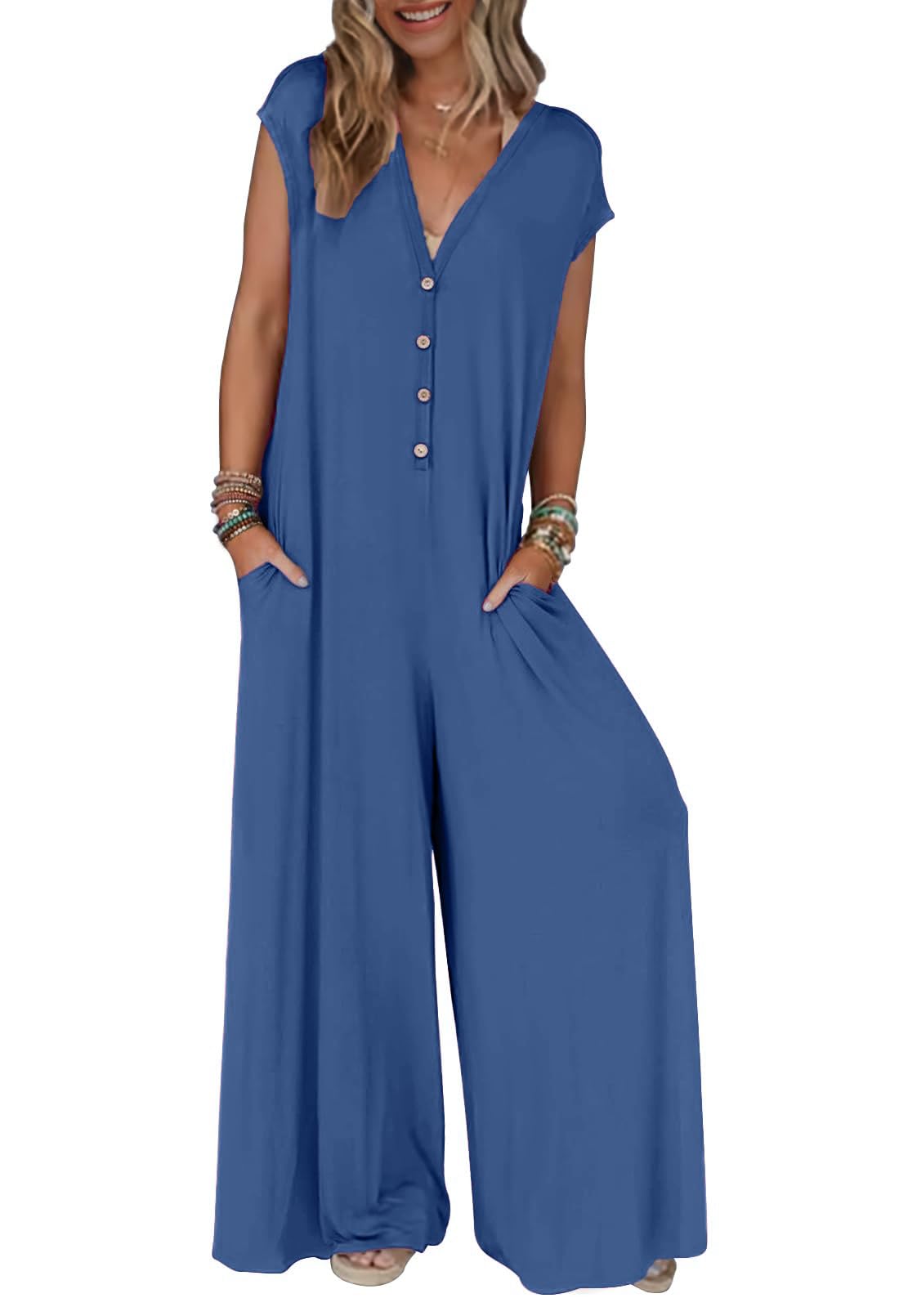 Women's 2025 Summer Cap Sleeve Jumpsuits Deep V Neck Button Onesie Wide Leg Pants Rompers(buy 2 free shipping)