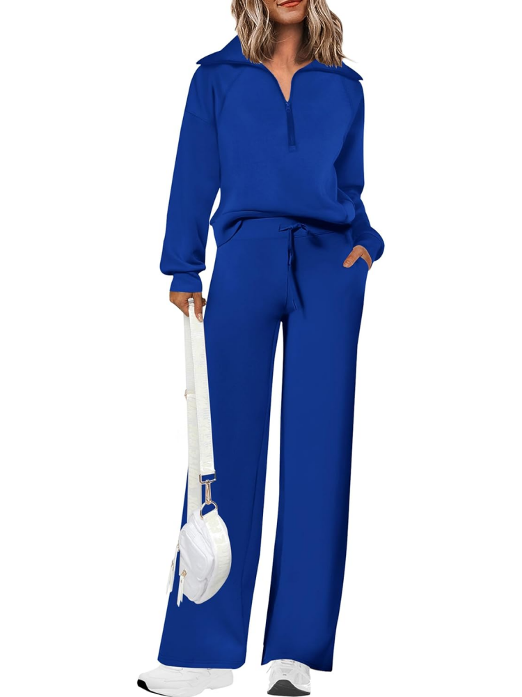 Women's Lapel Half Zip Sweatshirts And Wide Leg Pants Tracksuit Sets (Buy 2 Free Shipping)