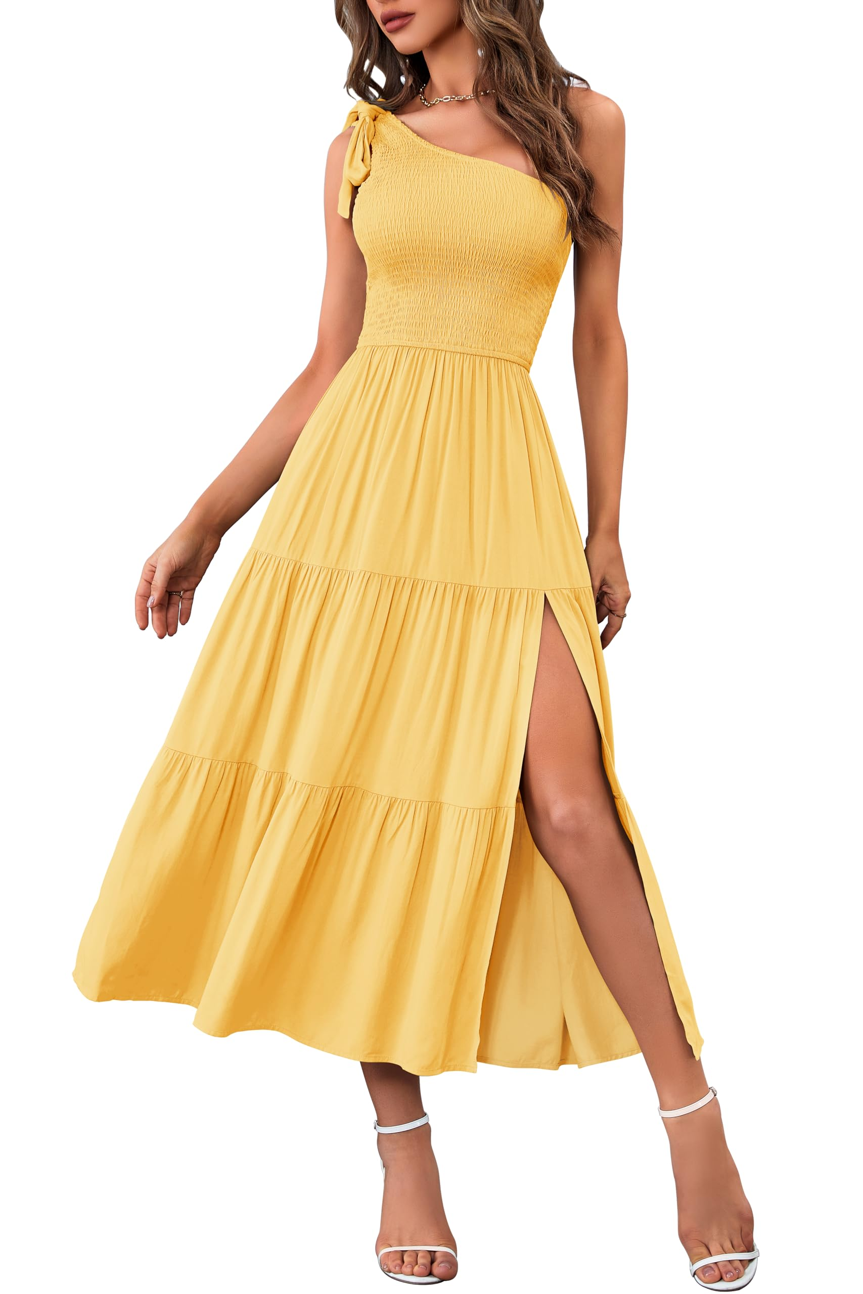 Women's Summer One Shoulder Sleeveless Knot Smocked Midi Dress
