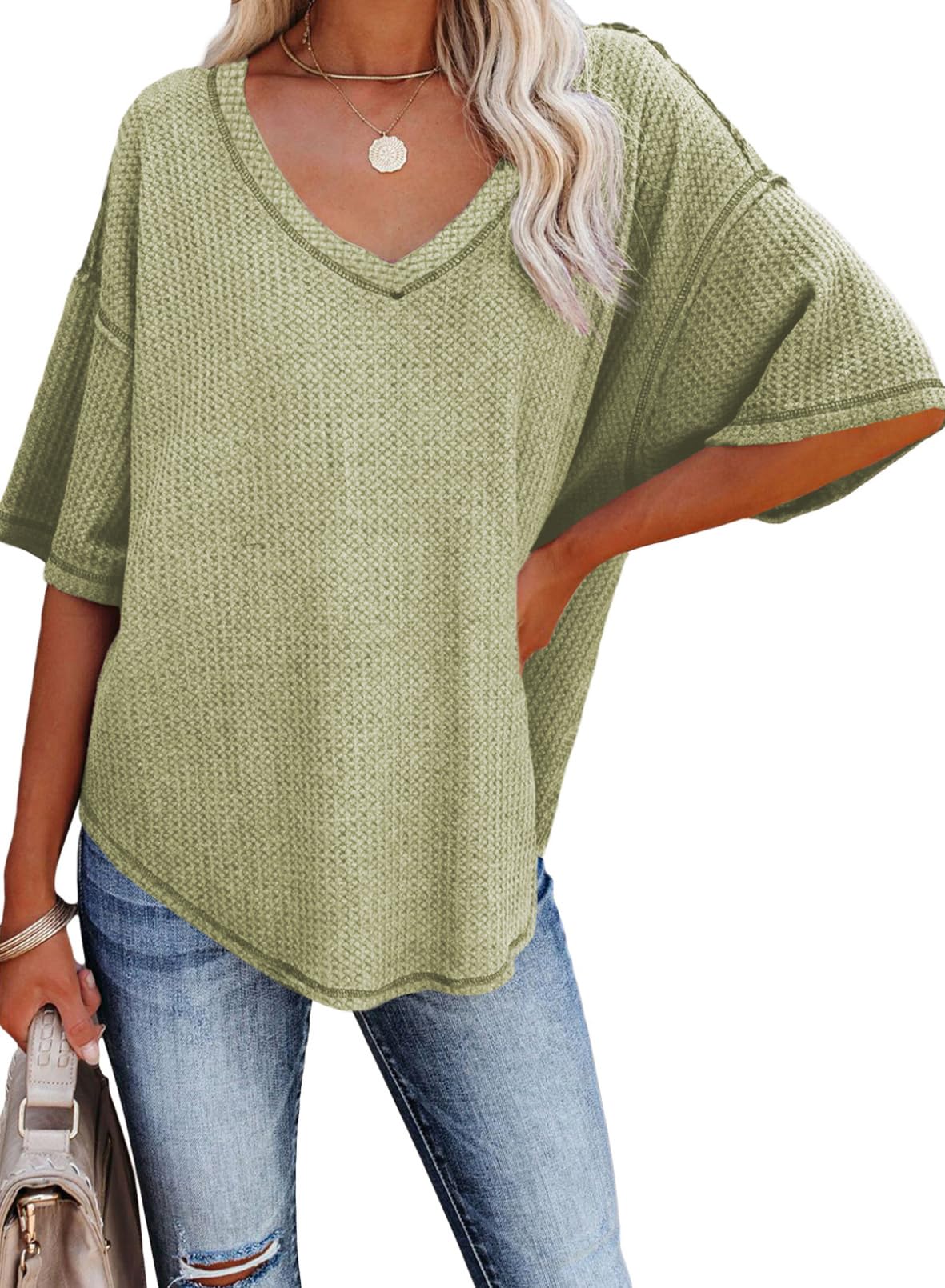 2025 New Women's Causual V Neck Short Sleeve Shirts Waffle Knit Loose Tunic Tops(buy 3 free shipping)