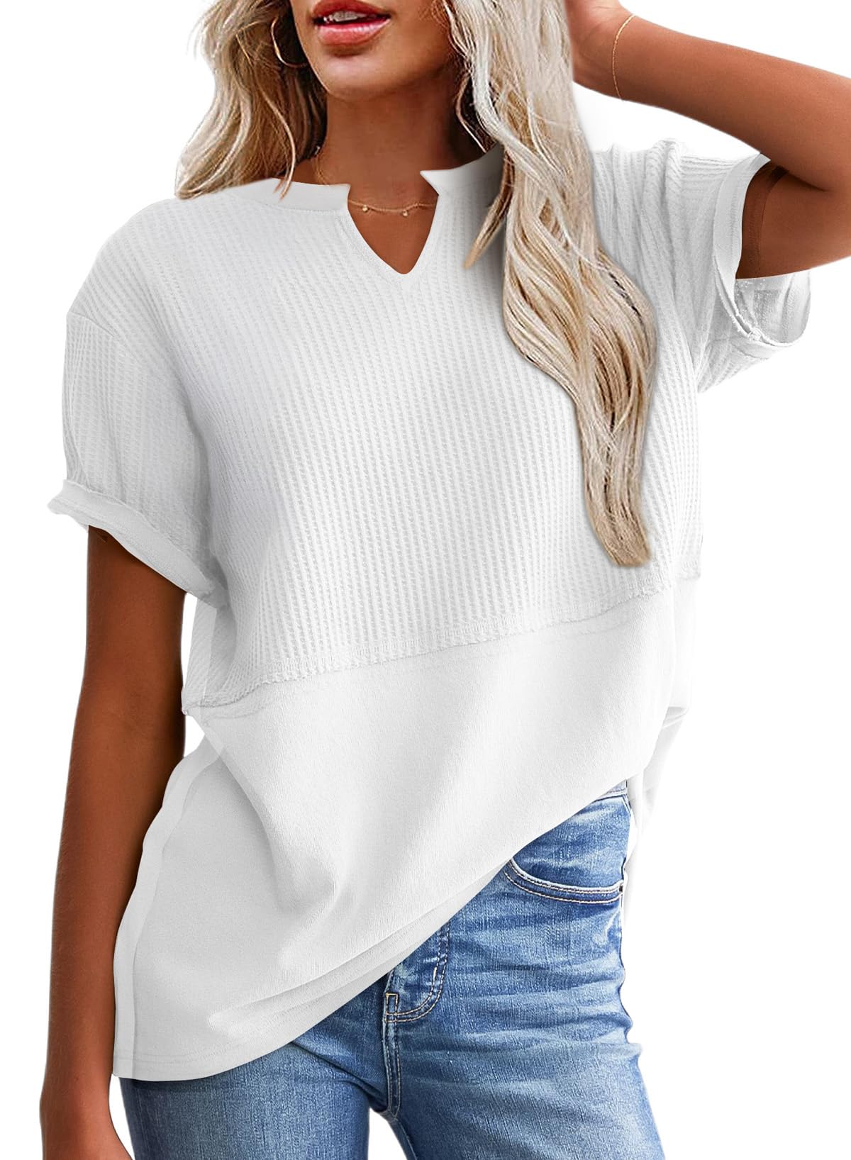 2025 New Women's Casual V Neck Waffle Knit Tops Short Sleeve T Shirts(buy 2 free shipping)