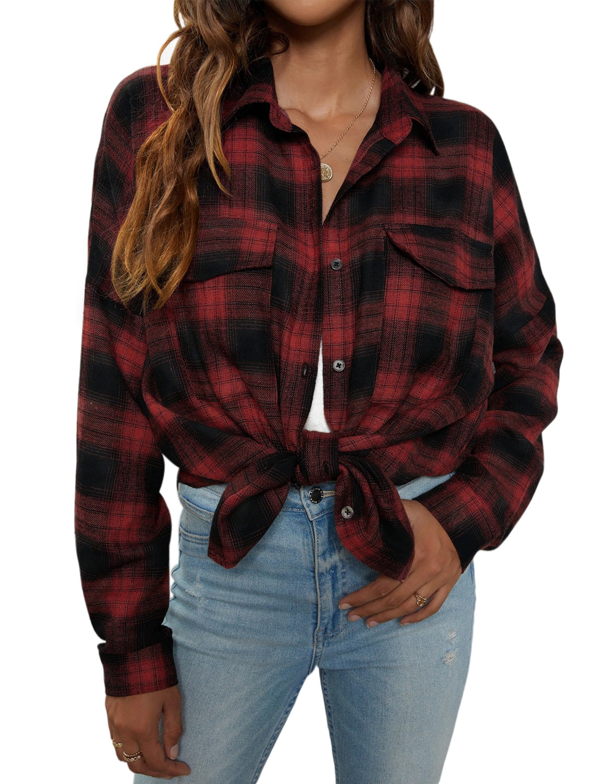 Women's Button Down Flannel Shirts Plaid Shacket