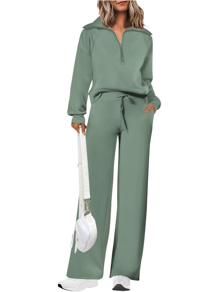 Women's Lapel Half Zip Sweatshirts And Wide Leg Pants Tracksuit Sets (Buy 2 Free Shipping)