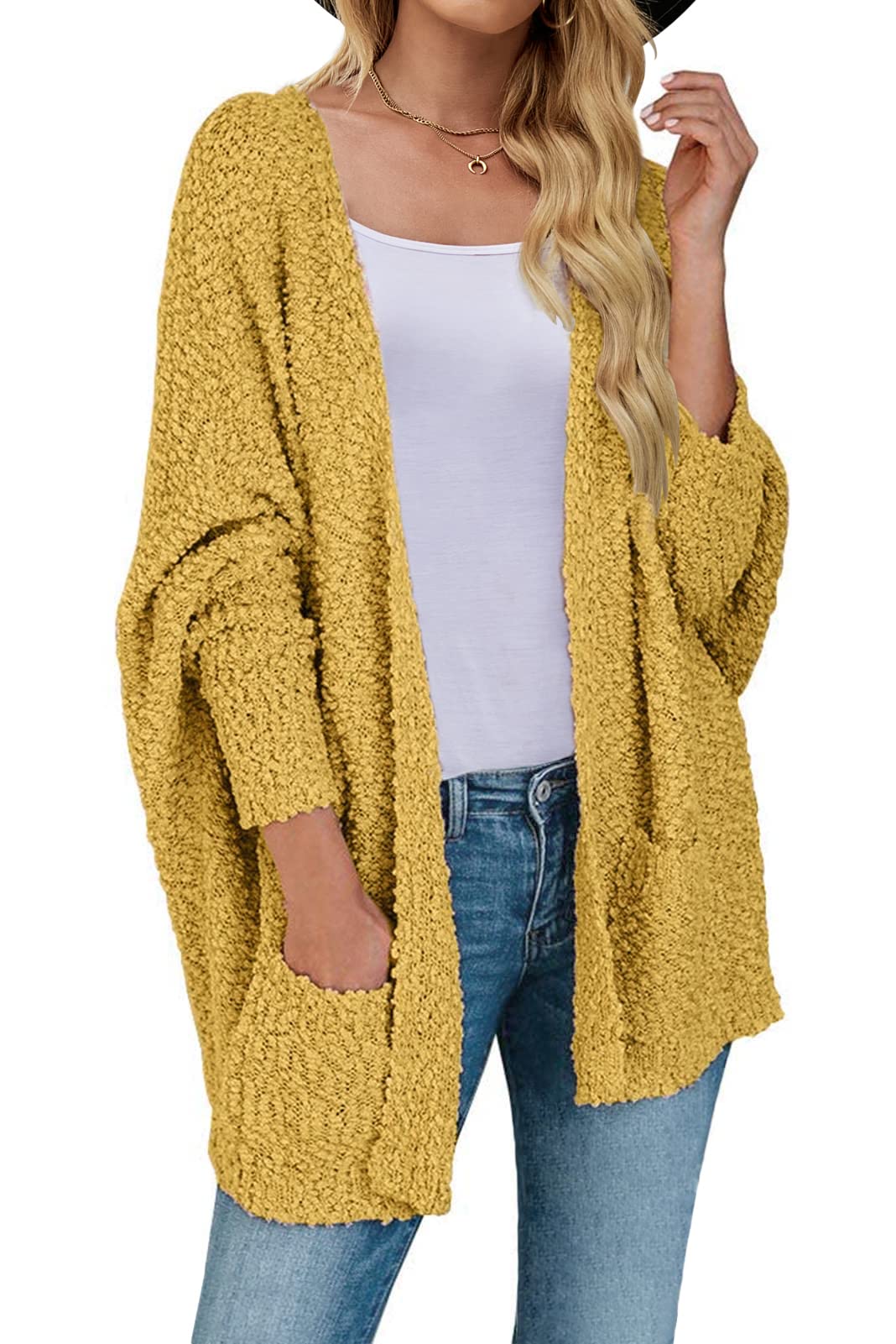 Women's 2024 Fall Winter Popcorn Long Sleeve Open Front Chunky Knit Oversized Cardigan Sweater Coat