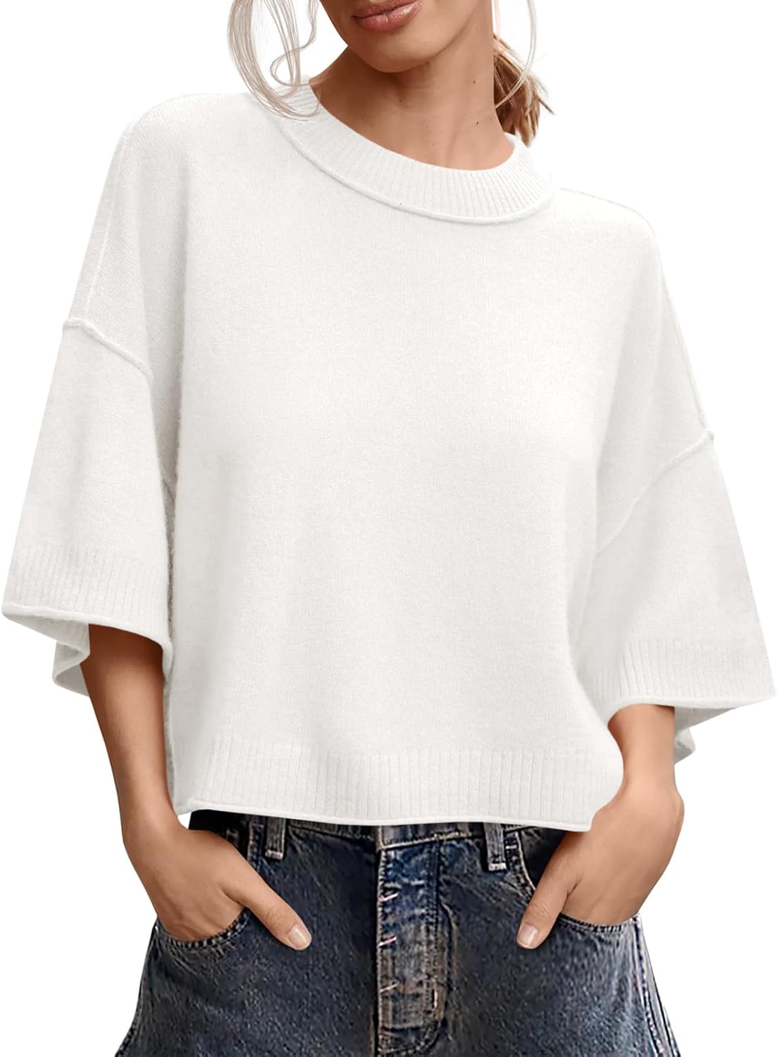 Womens Short Sleeve Oversized Crop Sweater Tops