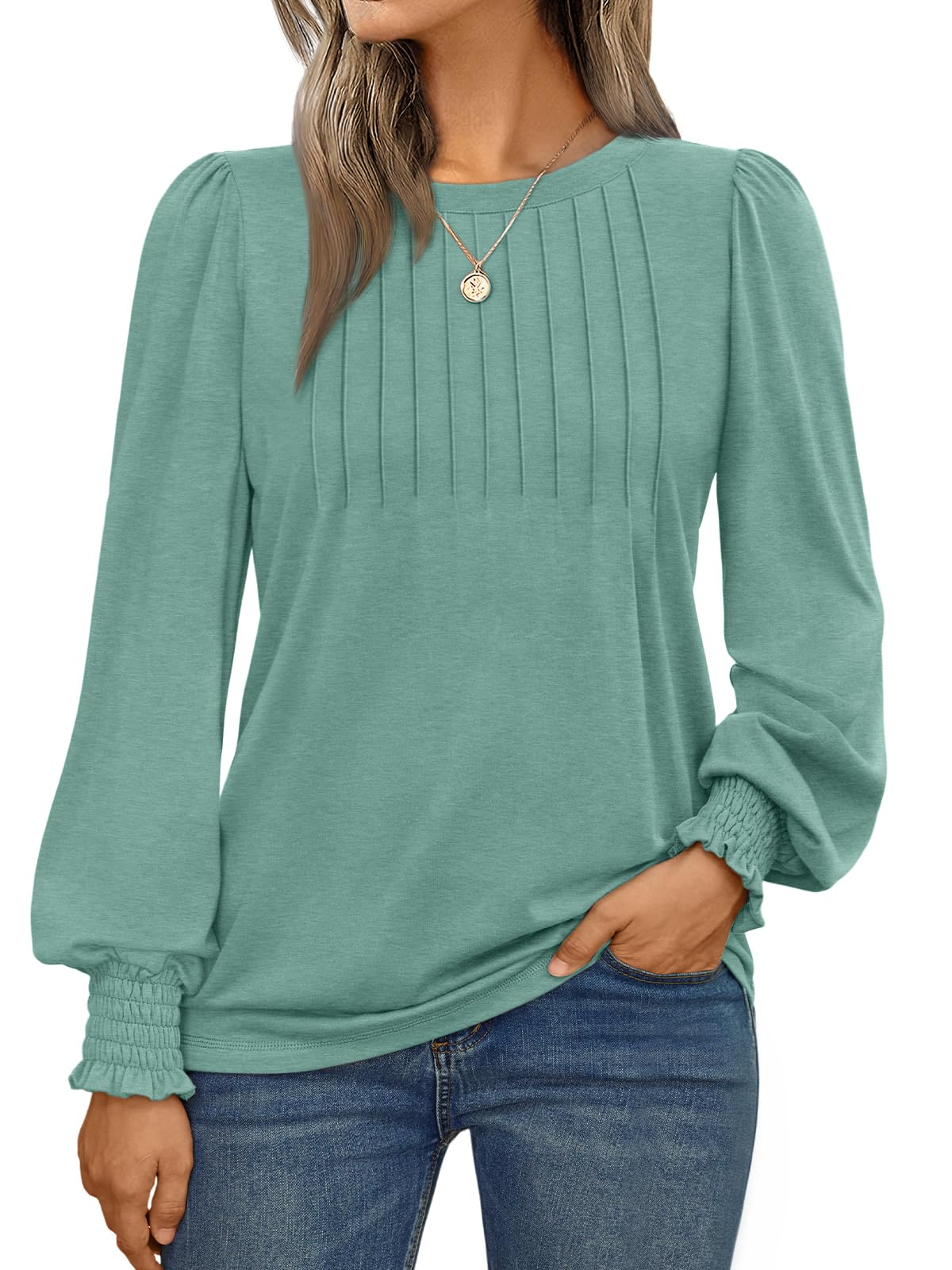 Long Sleeve Shirts Womens Pleated Business Casual Blouses