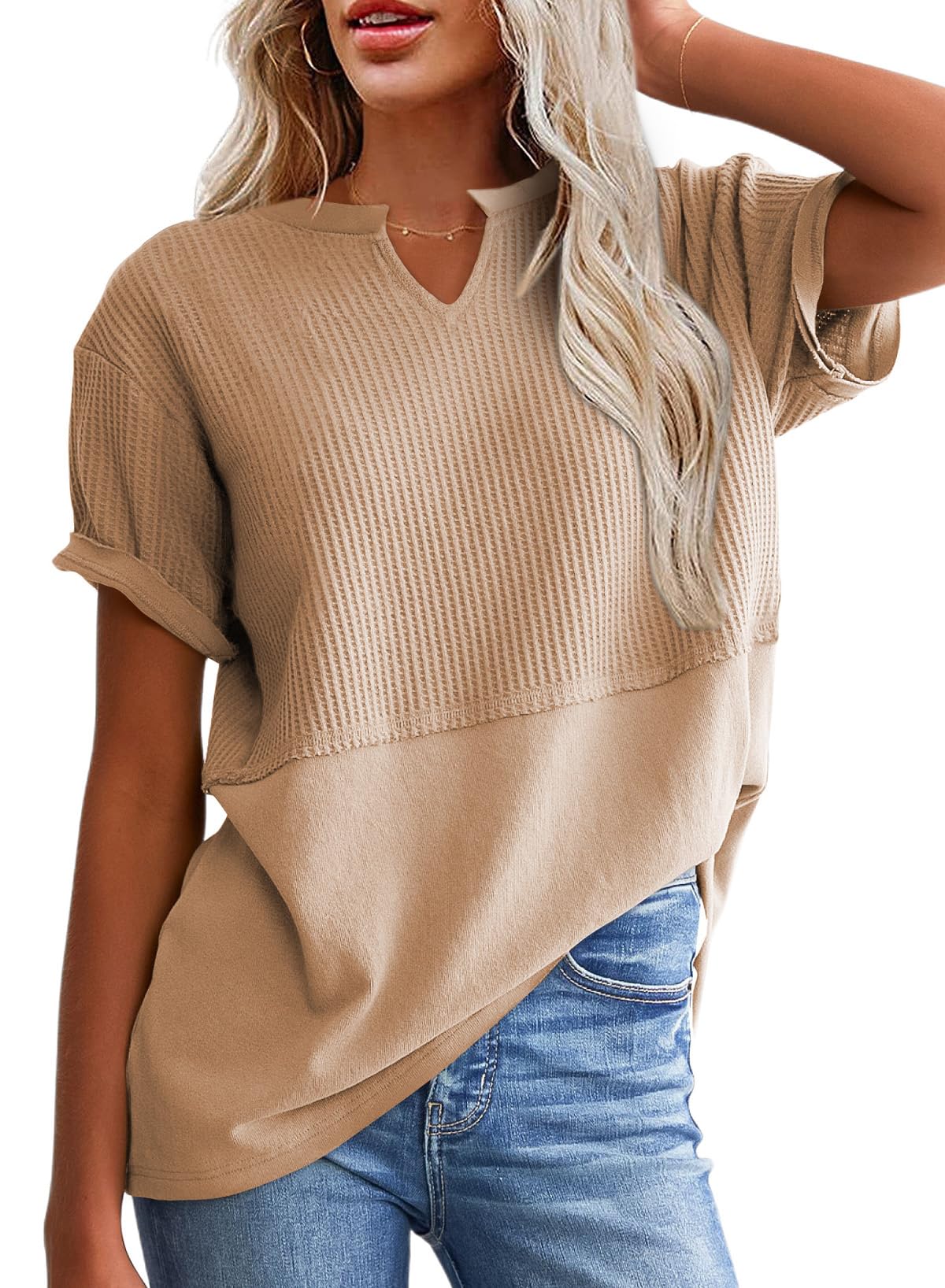 2025 New Women's Casual V Neck Waffle Knit Tops Short Sleeve T Shirts(buy 2 free shipping)
