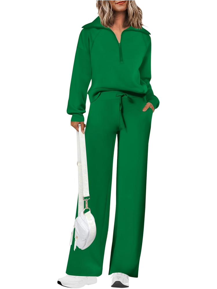 Women's Lapel Half Zip Sweatshirts And Wide Leg Pants Tracksuit Sets (Buy 2 Free Shipping)