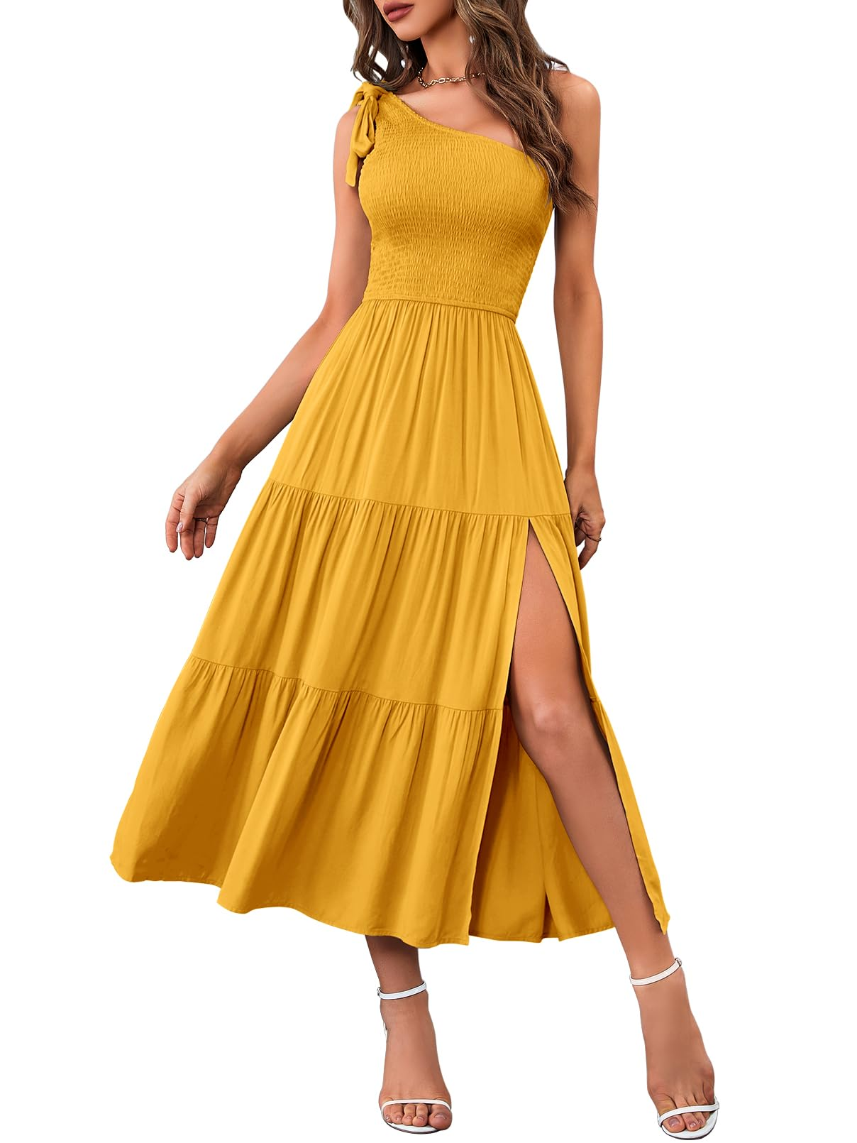 Women's Summer One Shoulder Sleeveless Knot Smocked Midi Dress