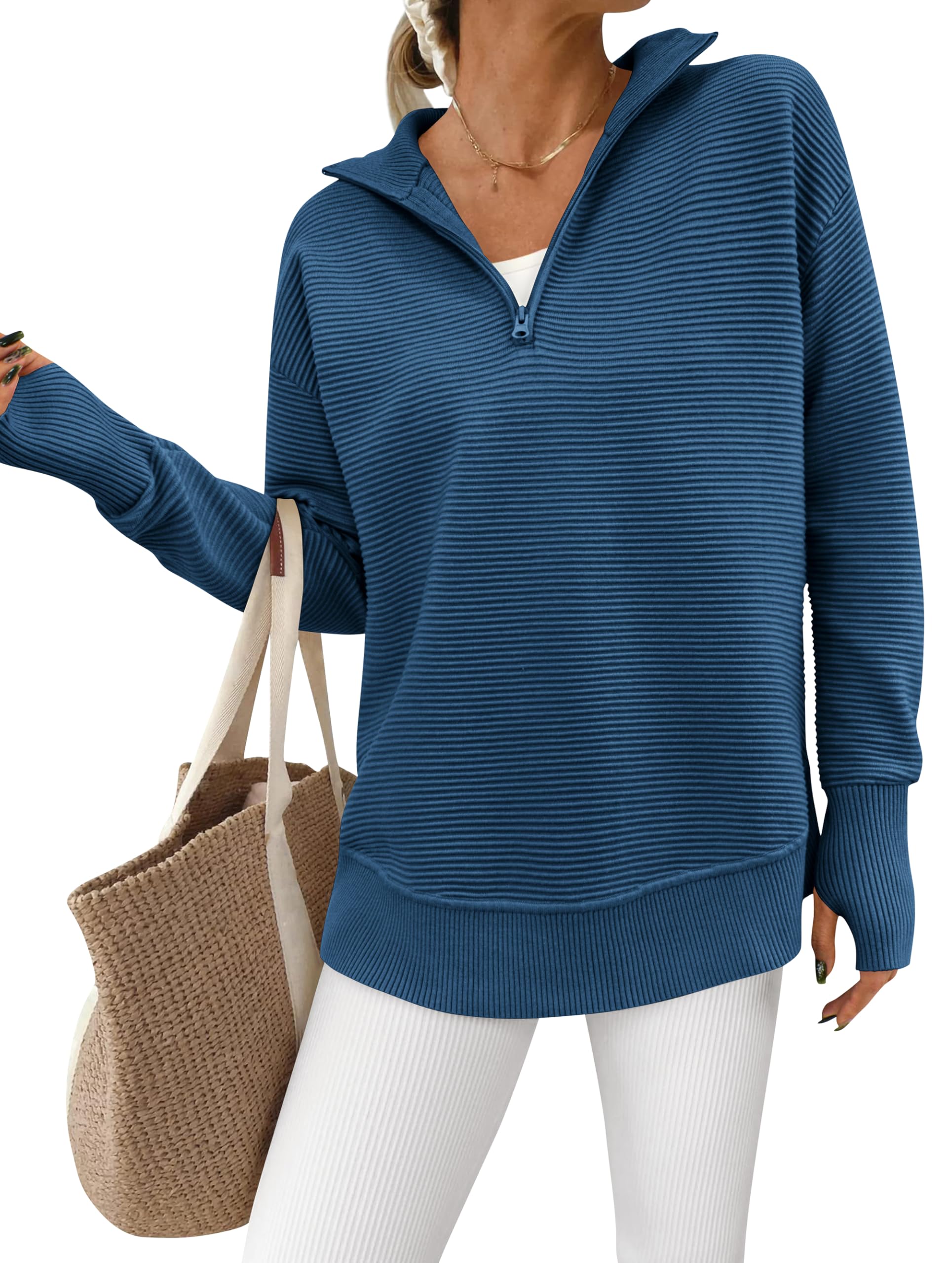 Women's Long Sleeve Quarter Zip Pullover Ribbed Knit Sweater