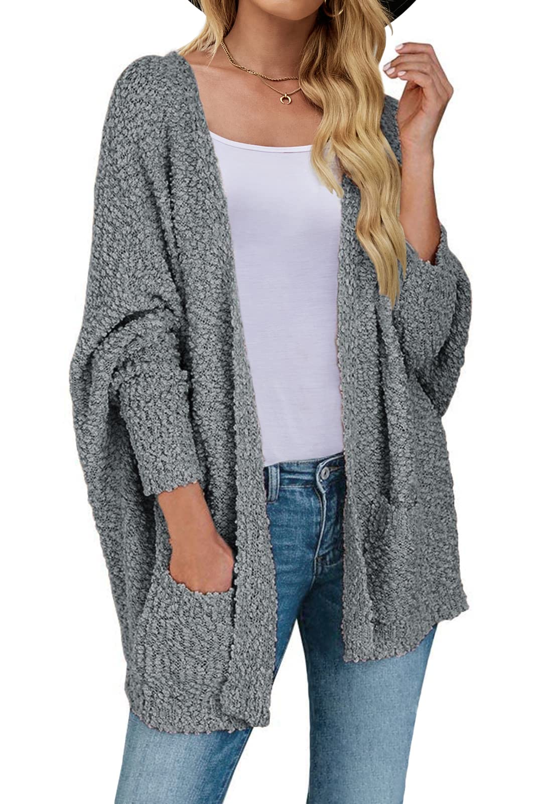 Women's 2024 Fall Winter Popcorn Long Sleeve Open Front Chunky Knit Oversized Cardigan Sweater Coat
