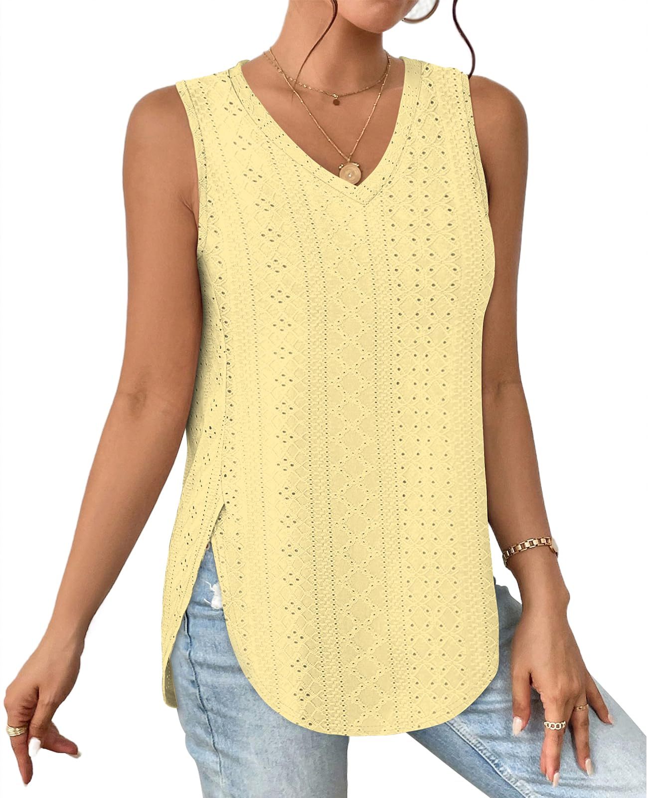 HOT SALE Women's V Neck Eyelet Embroidery Casaul Sleeveless Tank Tops