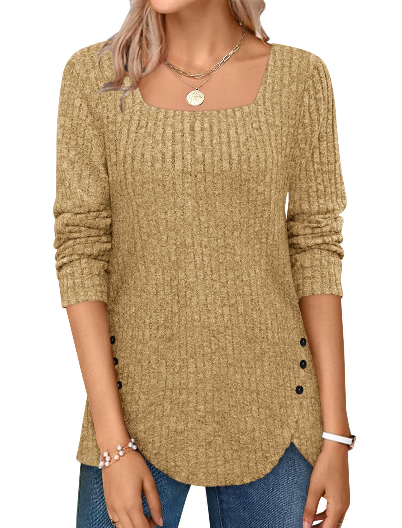 ⏰Hot Sale-2024 Squared Neck Sweater Ribbed Knit Tunic Tee Shirts
