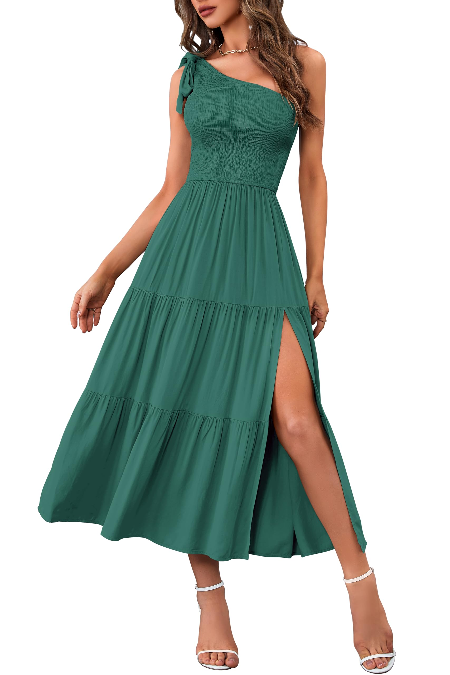 Women's Summer One Shoulder Sleeveless Knot Smocked Midi Dress