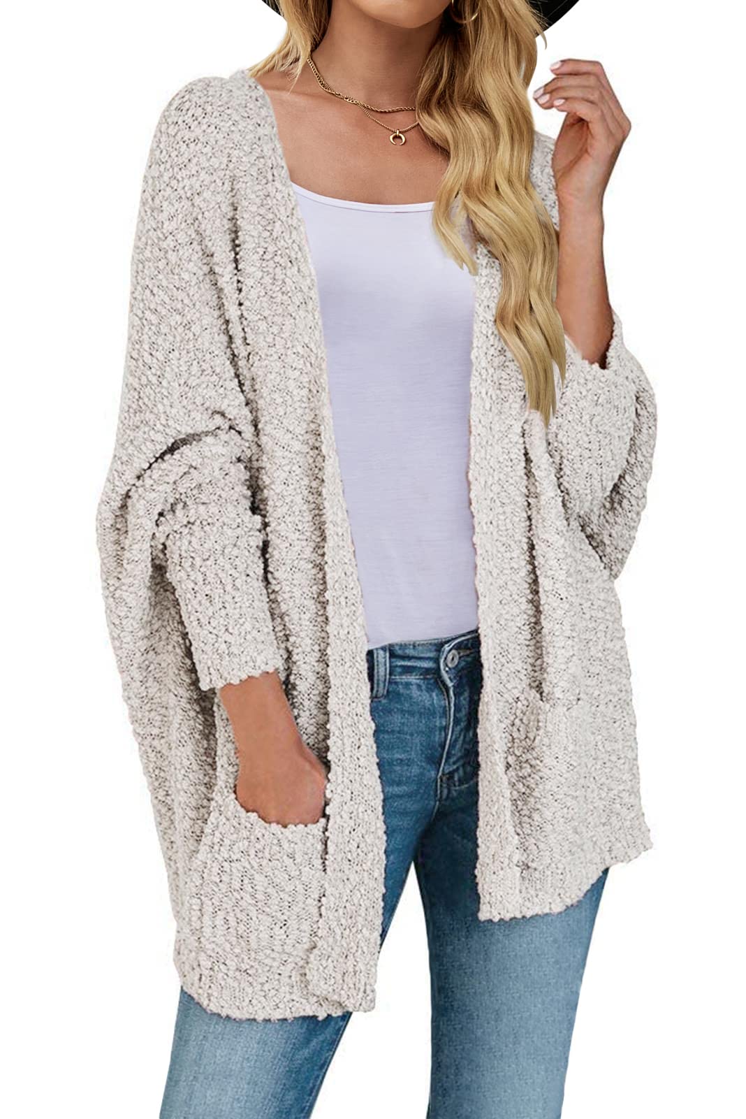 Women's 2024 Fall Winter Popcorn Long Sleeve Open Front Chunky Knit Oversized Cardigan Sweater Coat