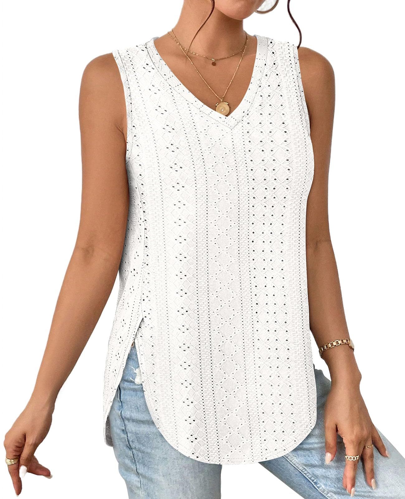 HOT SALE Women's V Neck Eyelet Embroidery Casaul Sleeveless Tank Tops