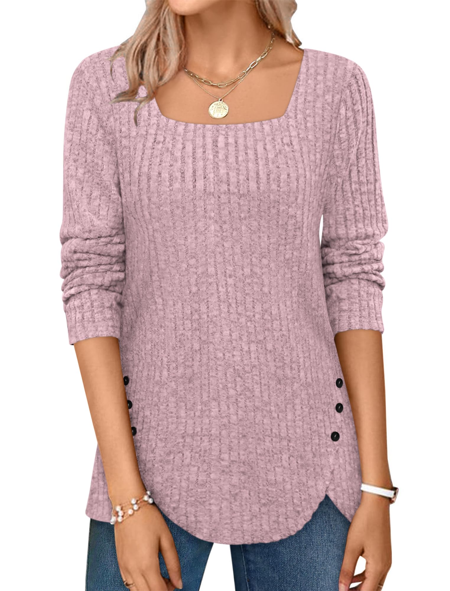 ⏰Hot Sale-2024 Squared Neck Sweater Ribbed Knit Tunic Tee Shirts