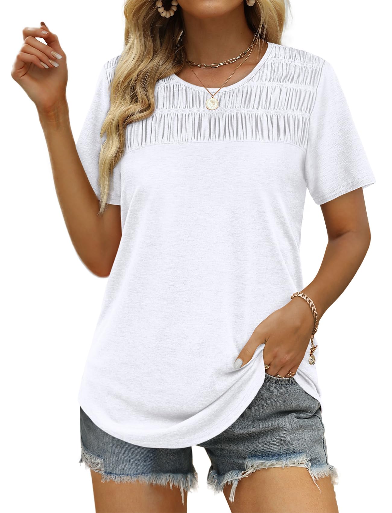 Women's Summer Tops 2025 Trendy Short Sleeve Shirts Smocked Crewneck Tee