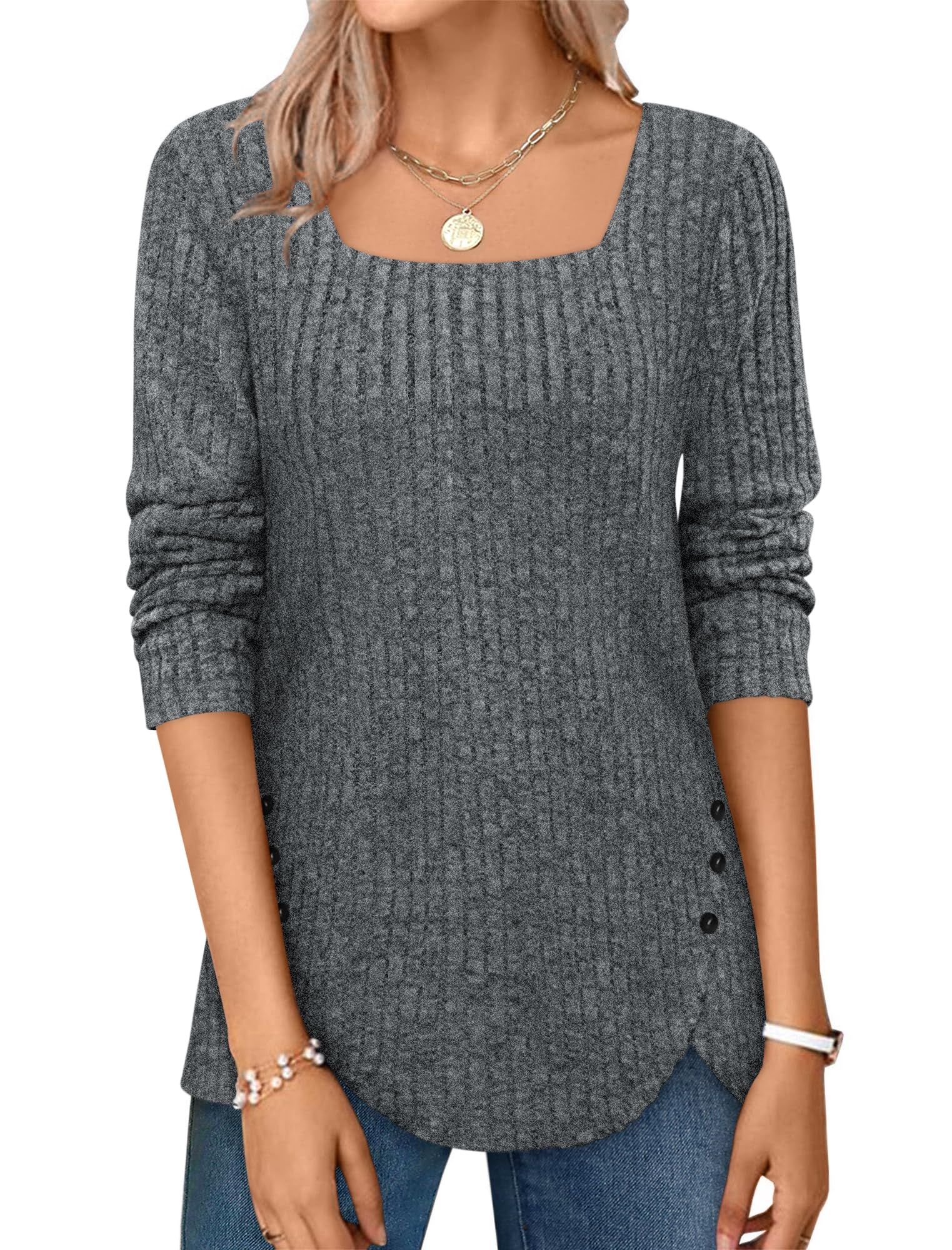 ⏰Hot Sale-2024 Squared Neck Sweater Ribbed Knit Tunic Tee Shirts