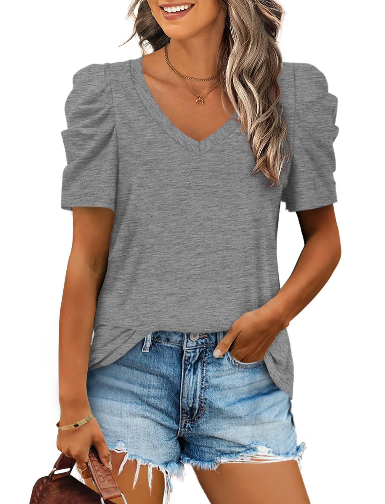 2025 Women's Summer V Neck Puff Sleeve Tshirts(BUY 2 10% off)