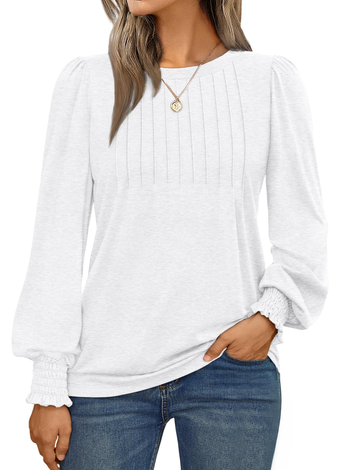 Long Sleeve Shirts Womens Pleated Business Casual Blouses