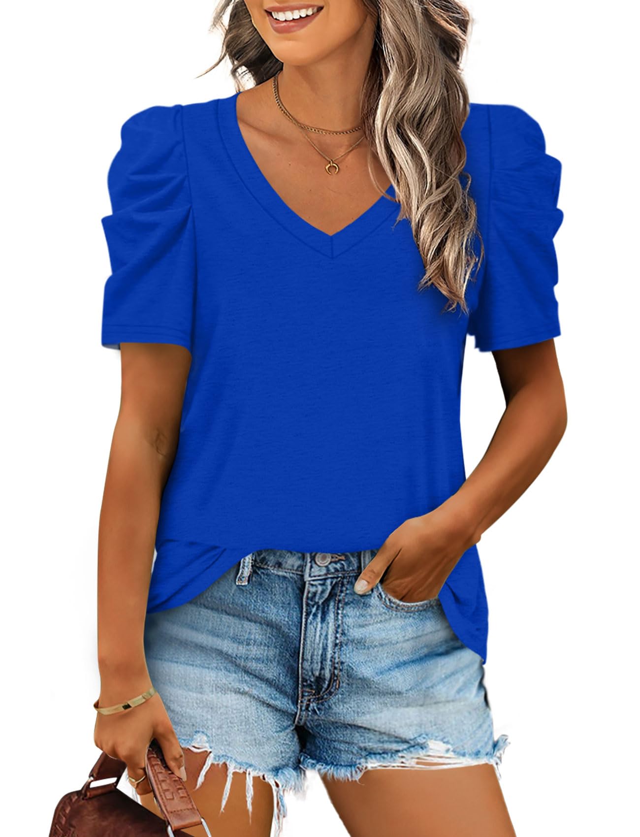2025 Women's Summer V Neck Puff Sleeve Tshirts(BUY 2 10% off)